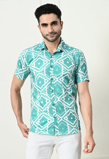 Sea Green Ikat Print Slim Fit Half-Sleeve Shirt