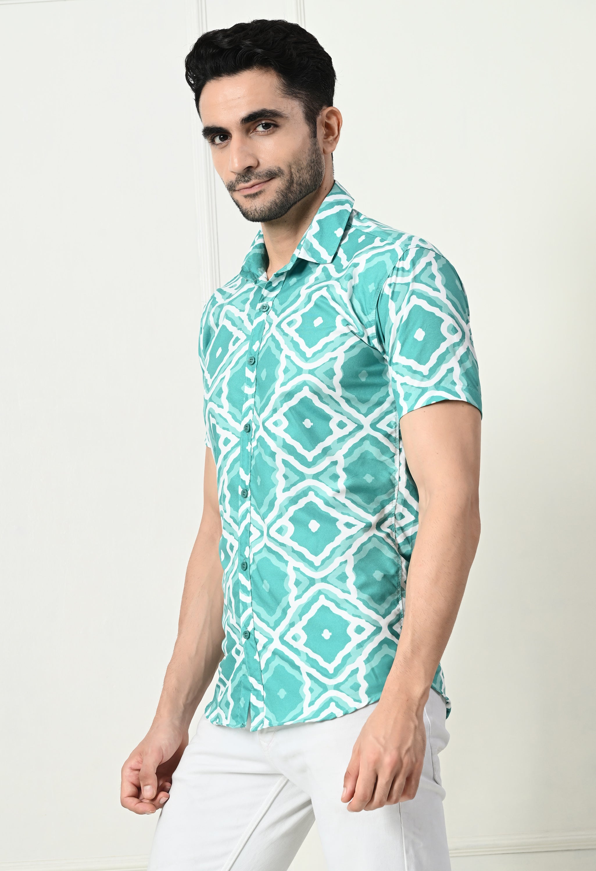 Sea Green Ikat Print Slim Fit Half-Sleeve Shirt