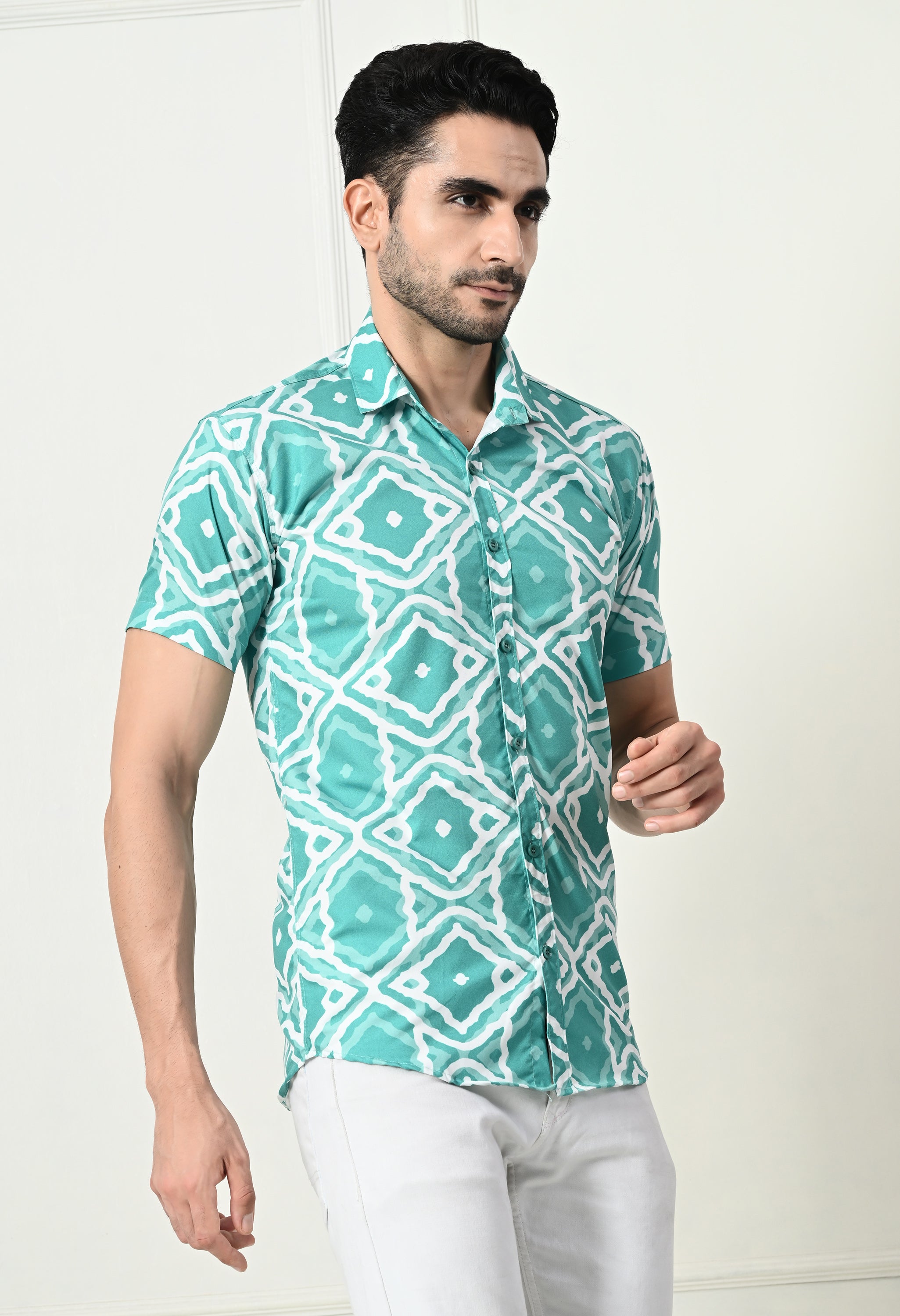 Sea Green Ikat Print Slim Fit Half-Sleeve Shirt