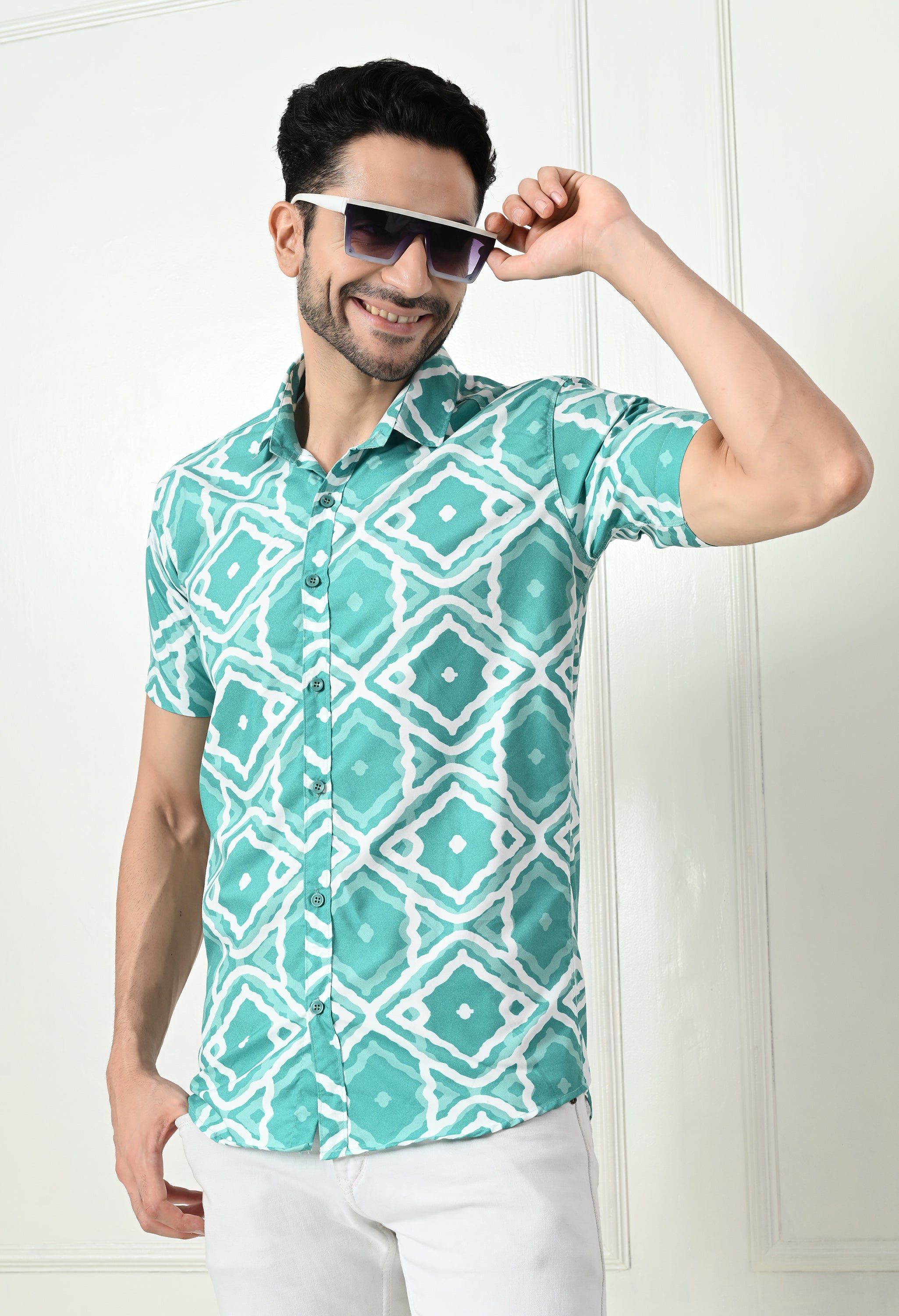 Sea Green Ikat Print Slim Fit Half-Sleeve Shirt