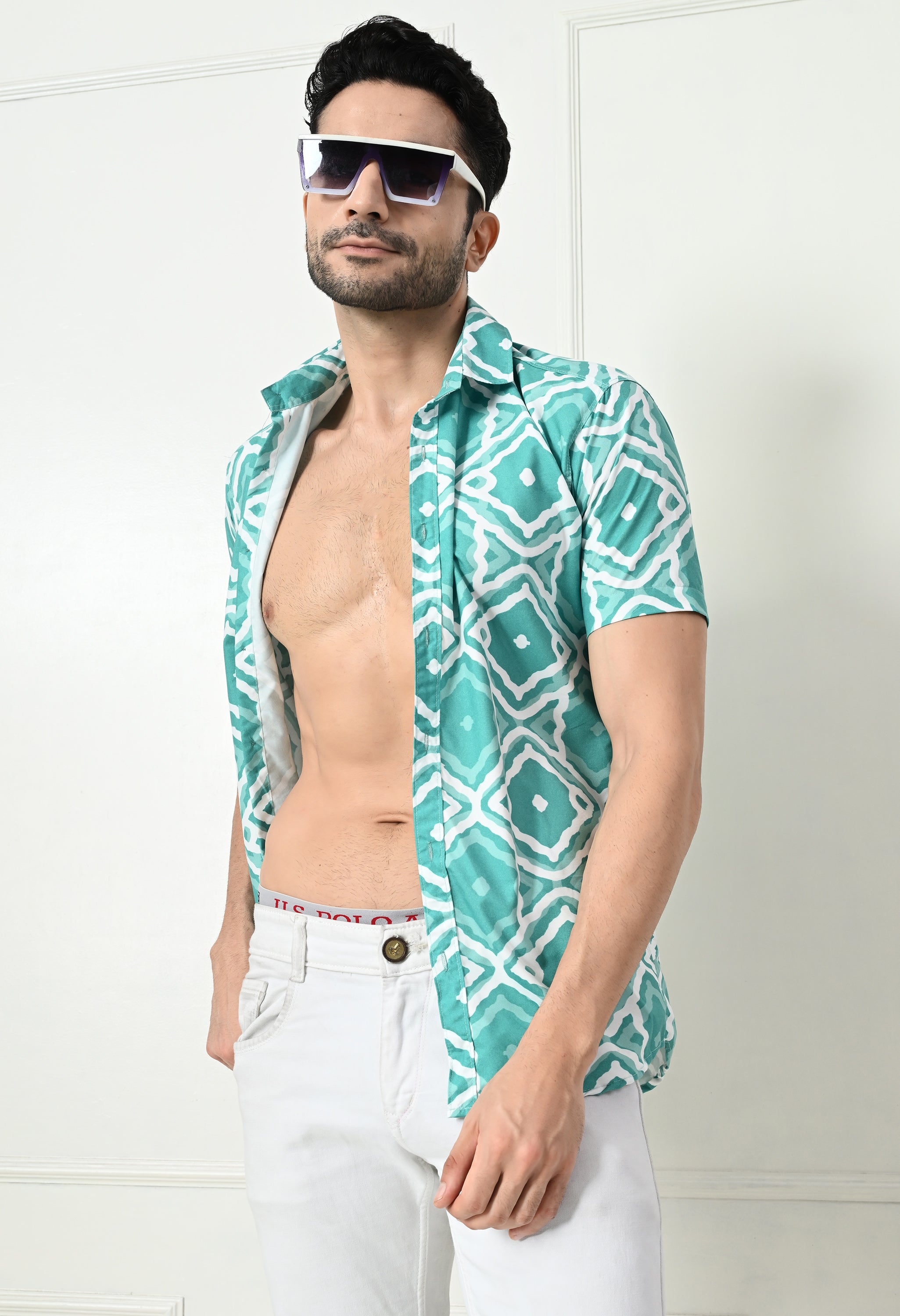 Sea Green Ikat Print Slim Fit Half-Sleeve Shirt