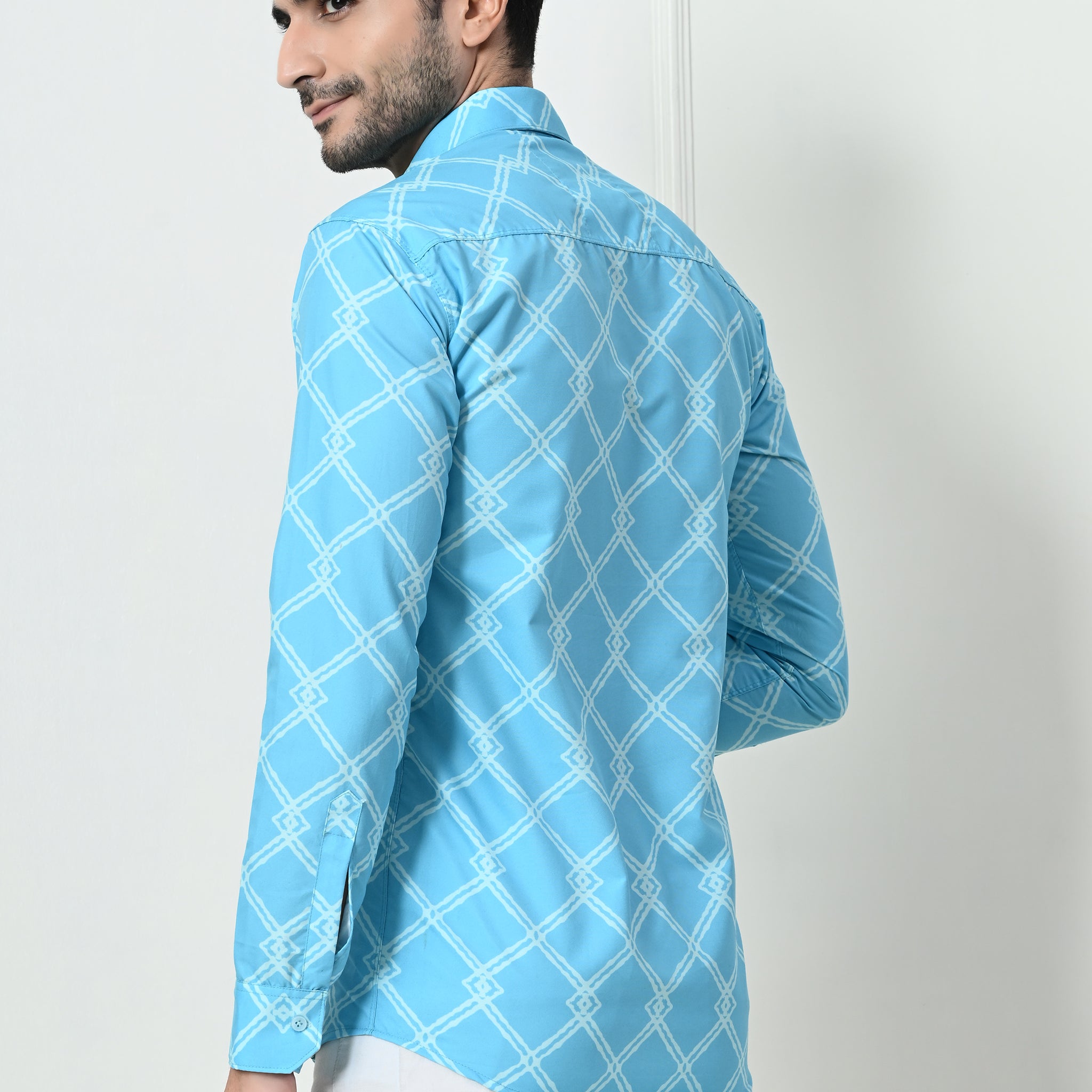 Sky Blue Jaal Print Slim Fit Cotton Shirt