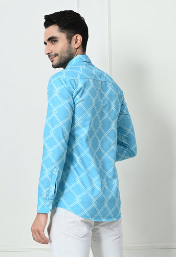 Sky Blue Jaal Print Slim Fit Cotton Shirt