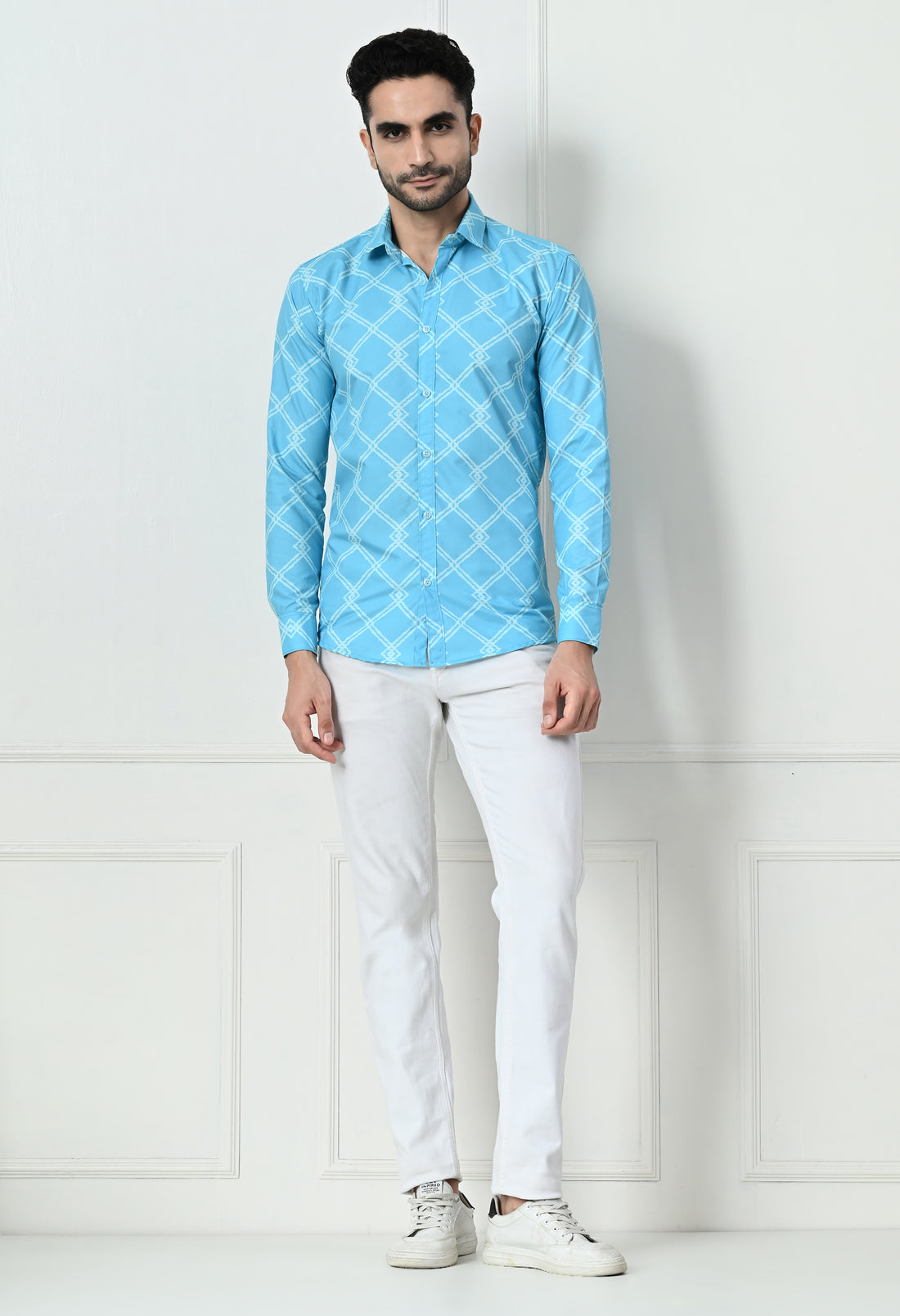 Sky Blue Jaal Print Slim Fit Cotton Shirt