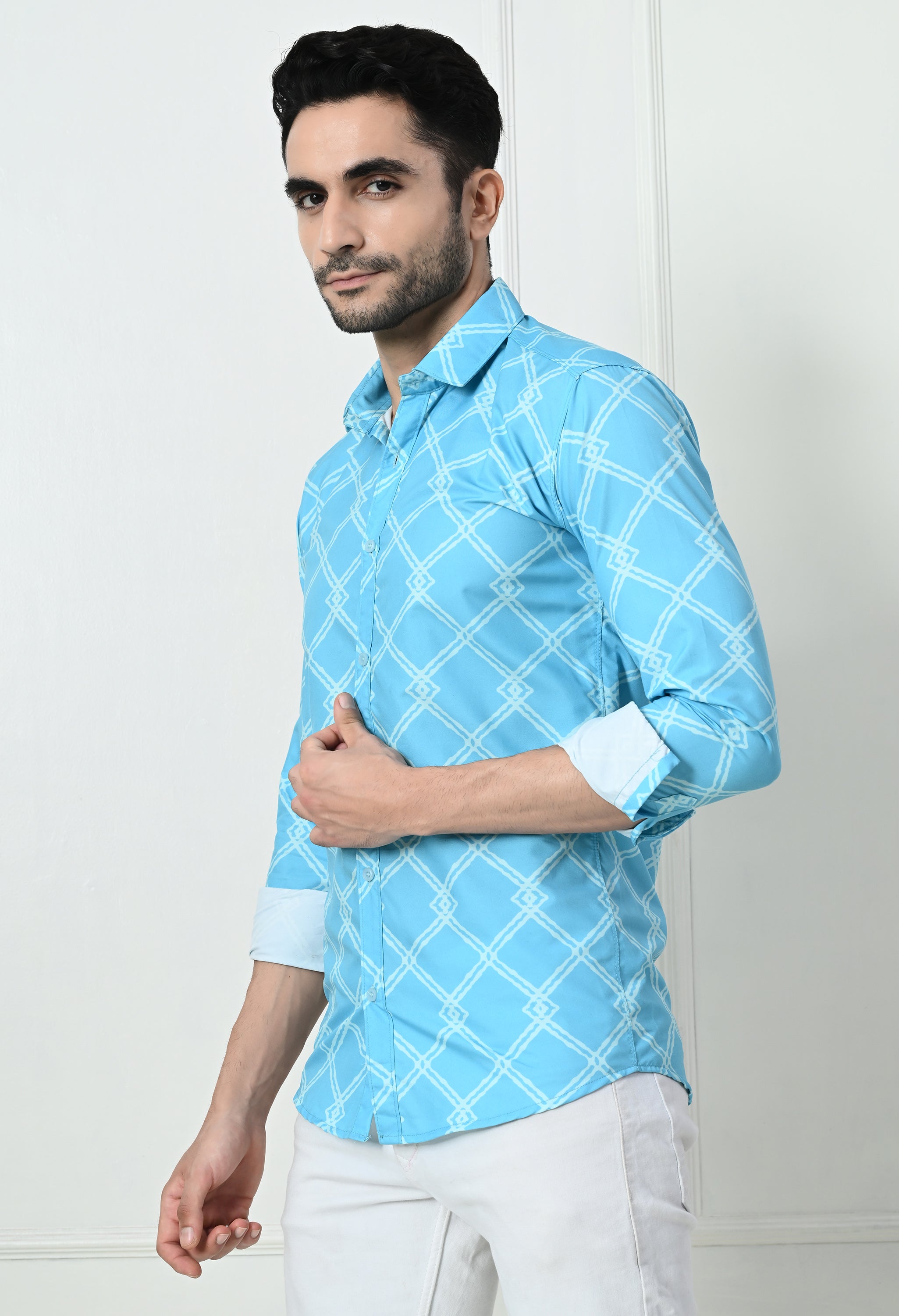 Sky Blue Jaal Print Slim Fit Cotton Shirt