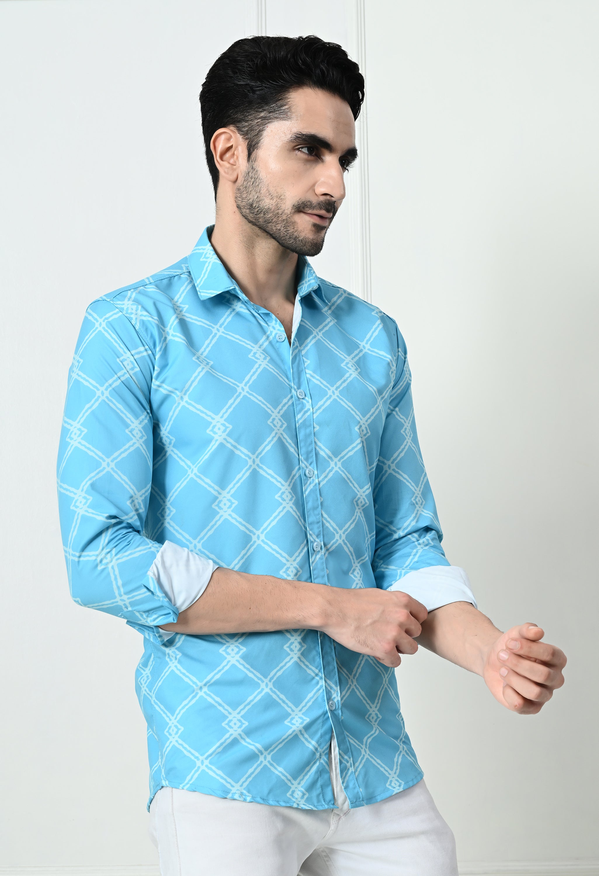 Sky Blue Jaal Print Slim Fit Cotton Shirt
