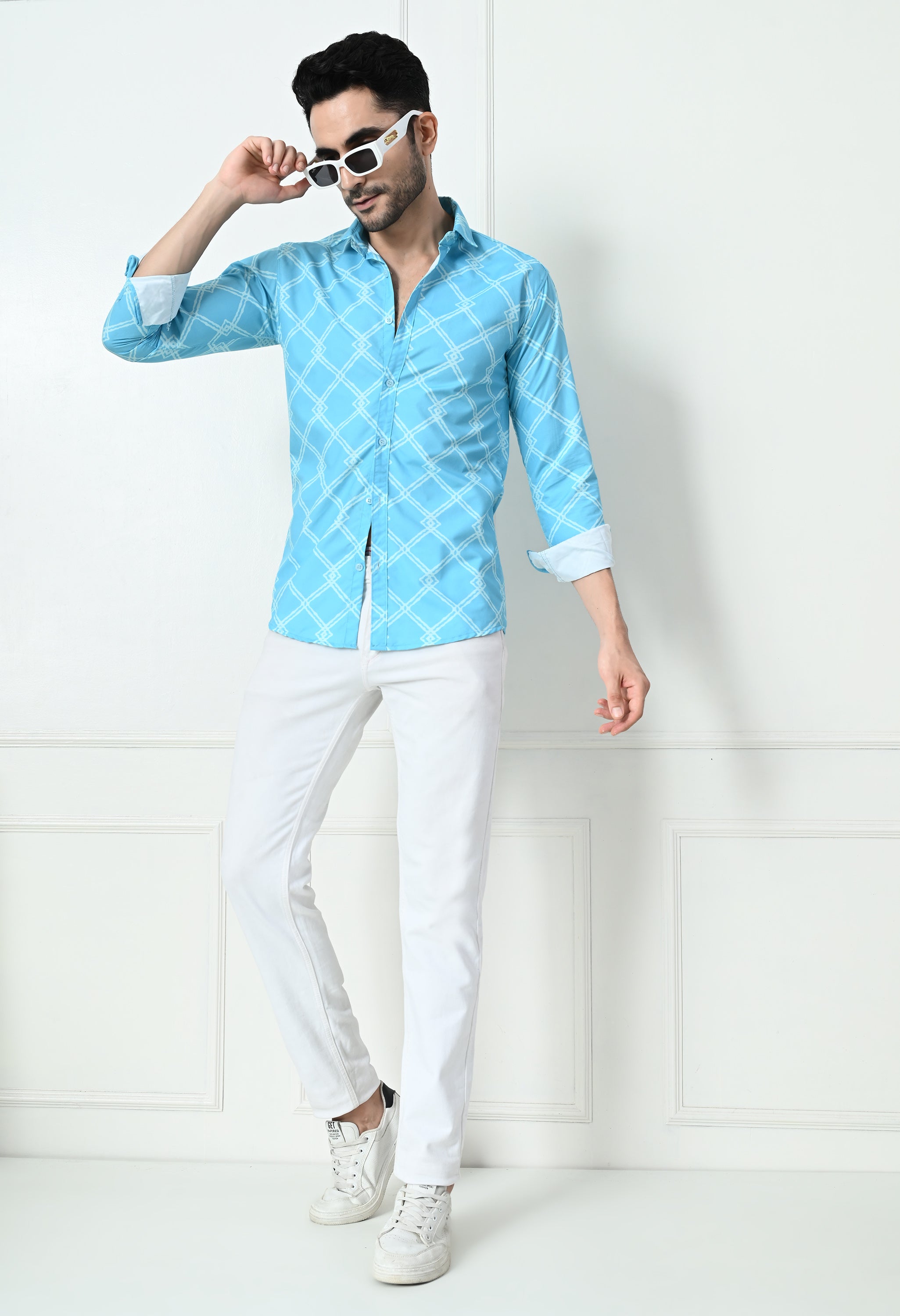Sky Blue Jaal Print Slim Fit Cotton Shirt