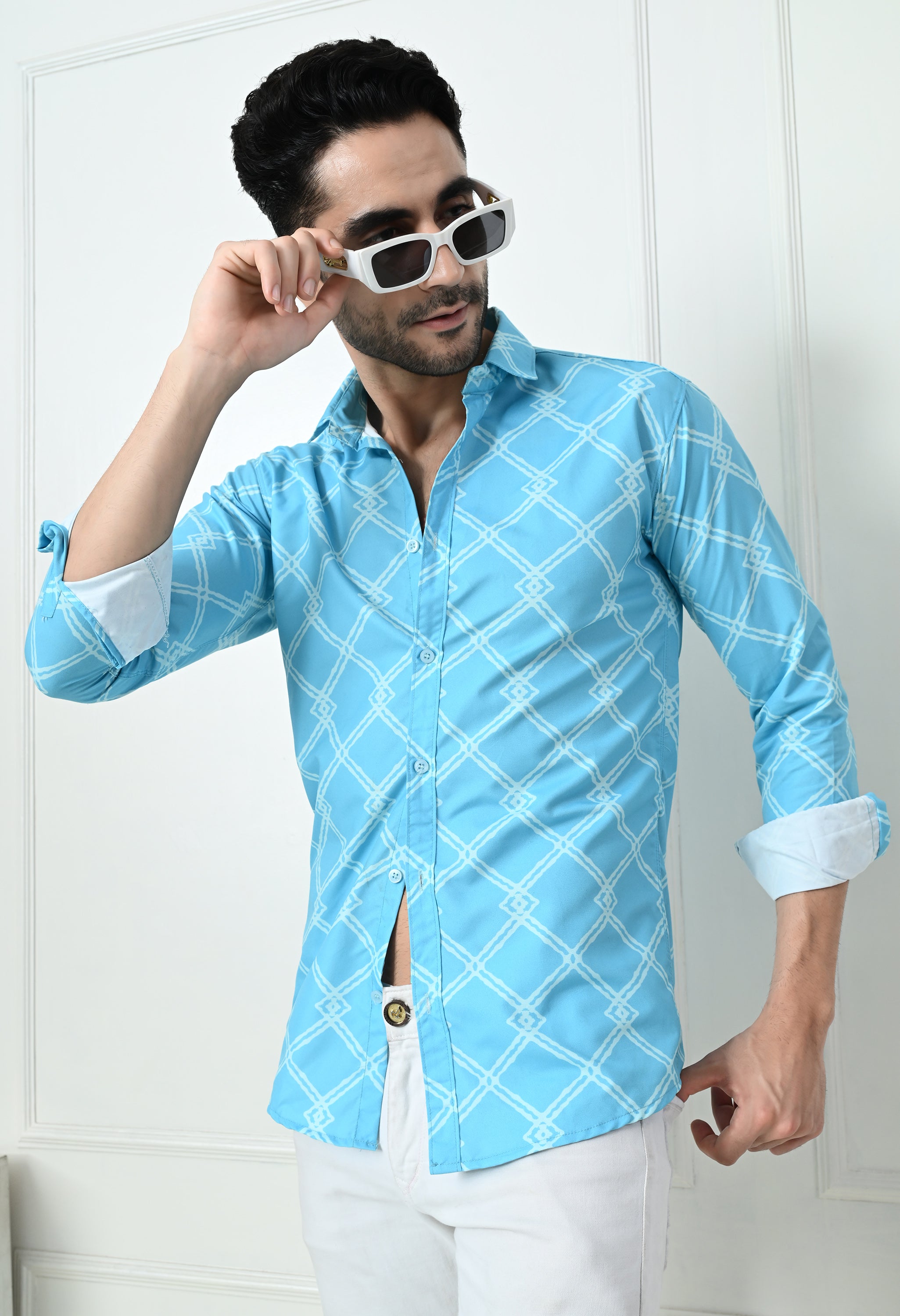 Sky Blue Jaal Print Slim Fit Cotton Shirt