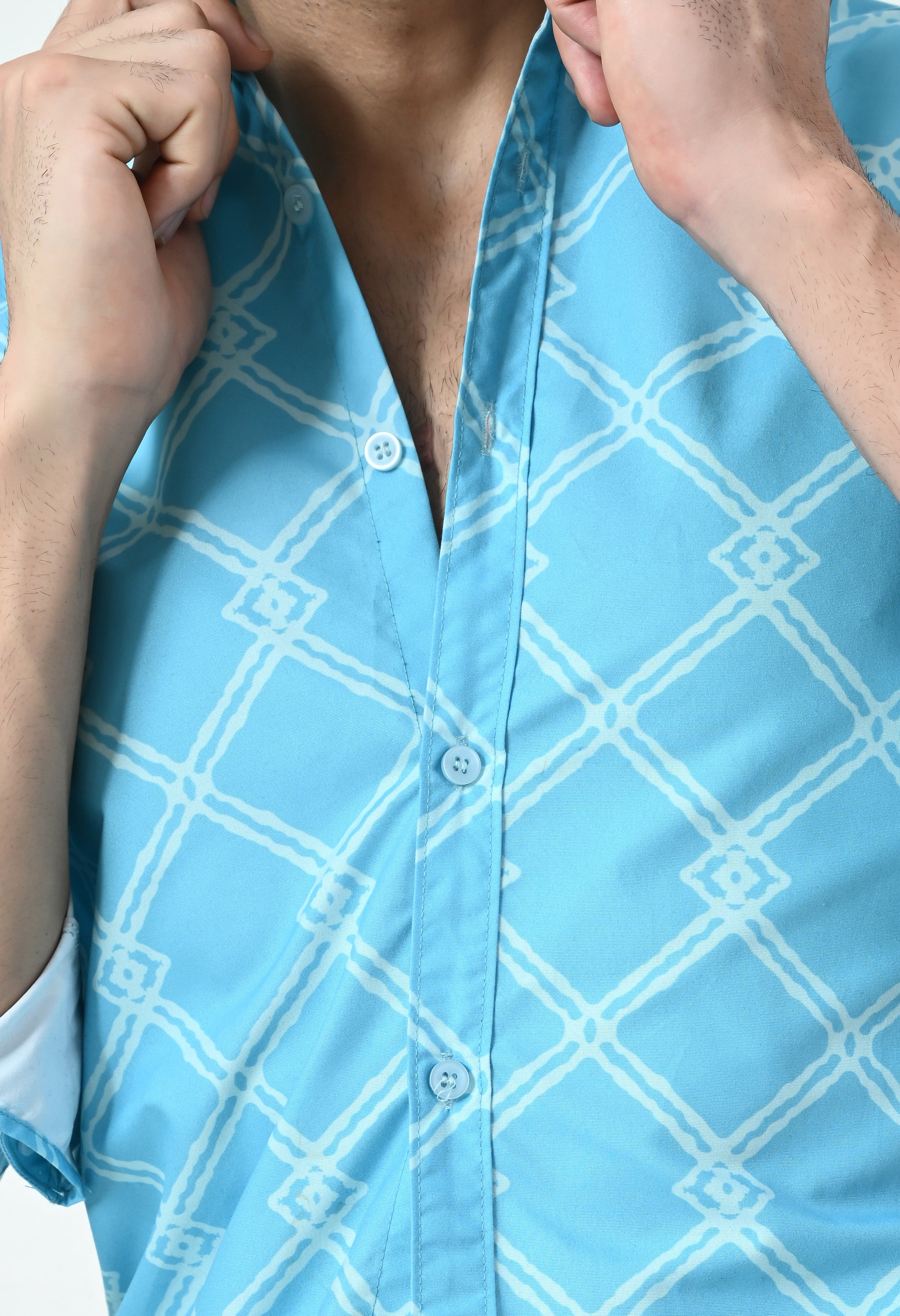 Sky Blue Jaal Print Slim Fit Cotton Shirt