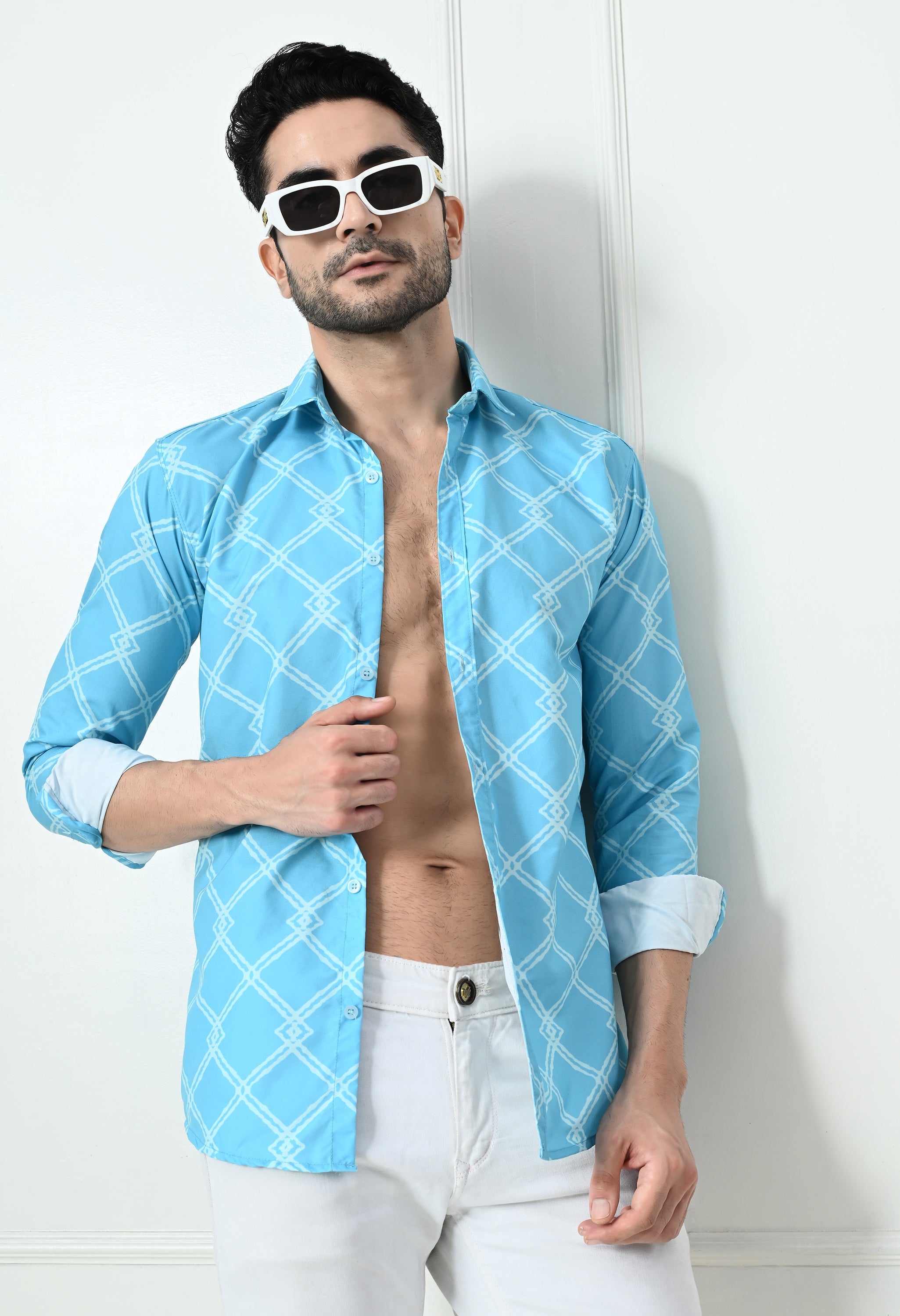 Sky Blue Jaal Print Slim Fit Cotton Shirt