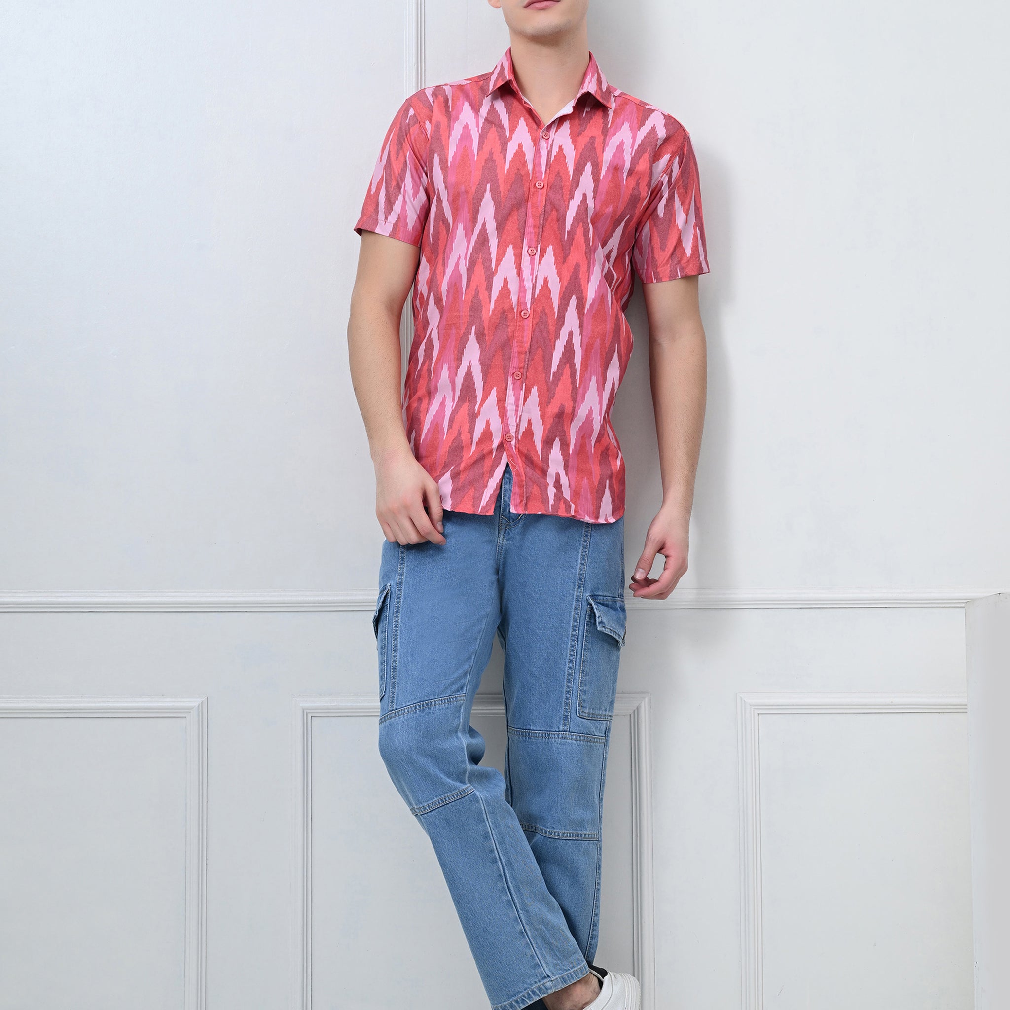 Red Ikat Print Half Sleeve Shirt