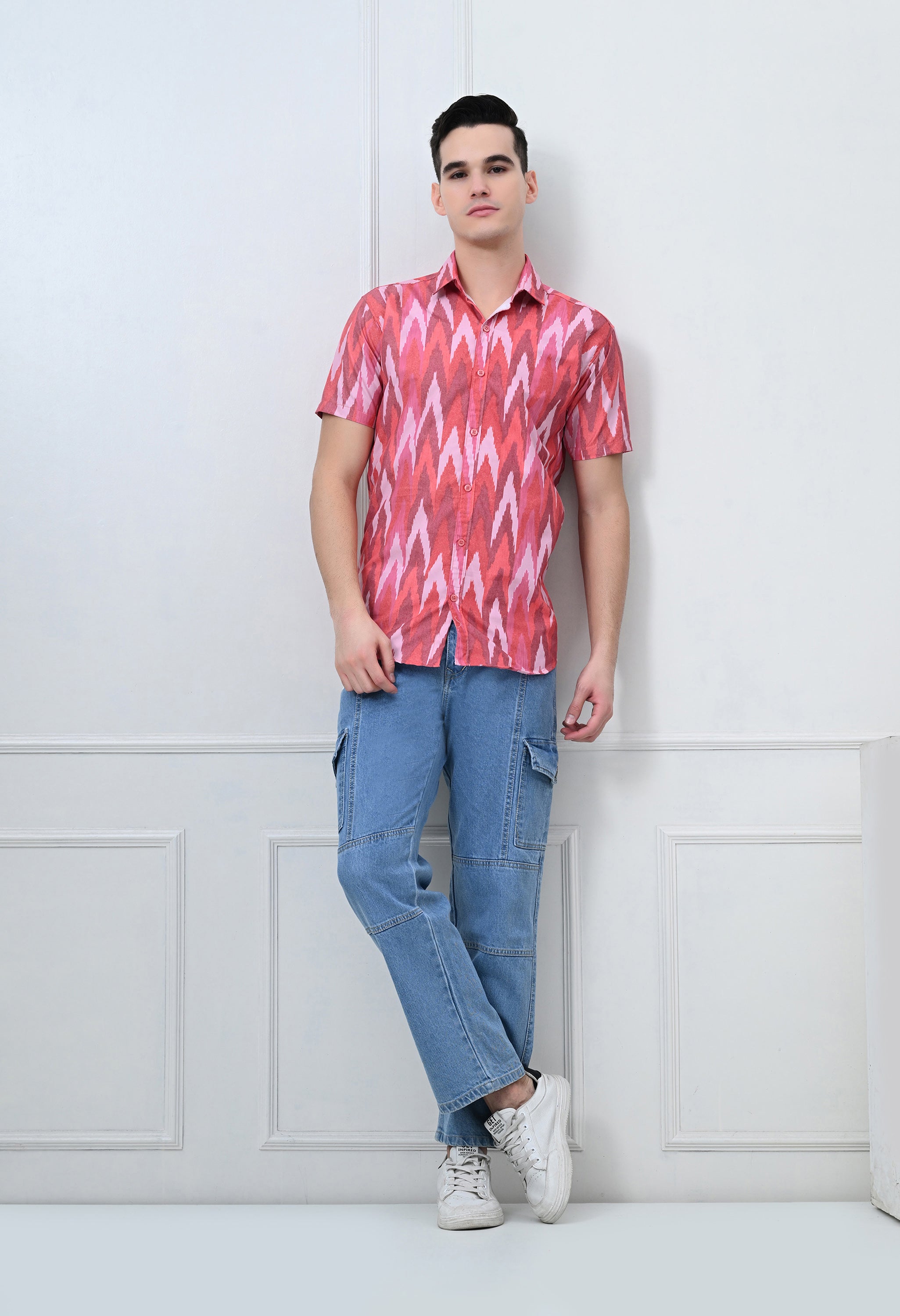 Red Ikat Print Half Sleeve Shirt