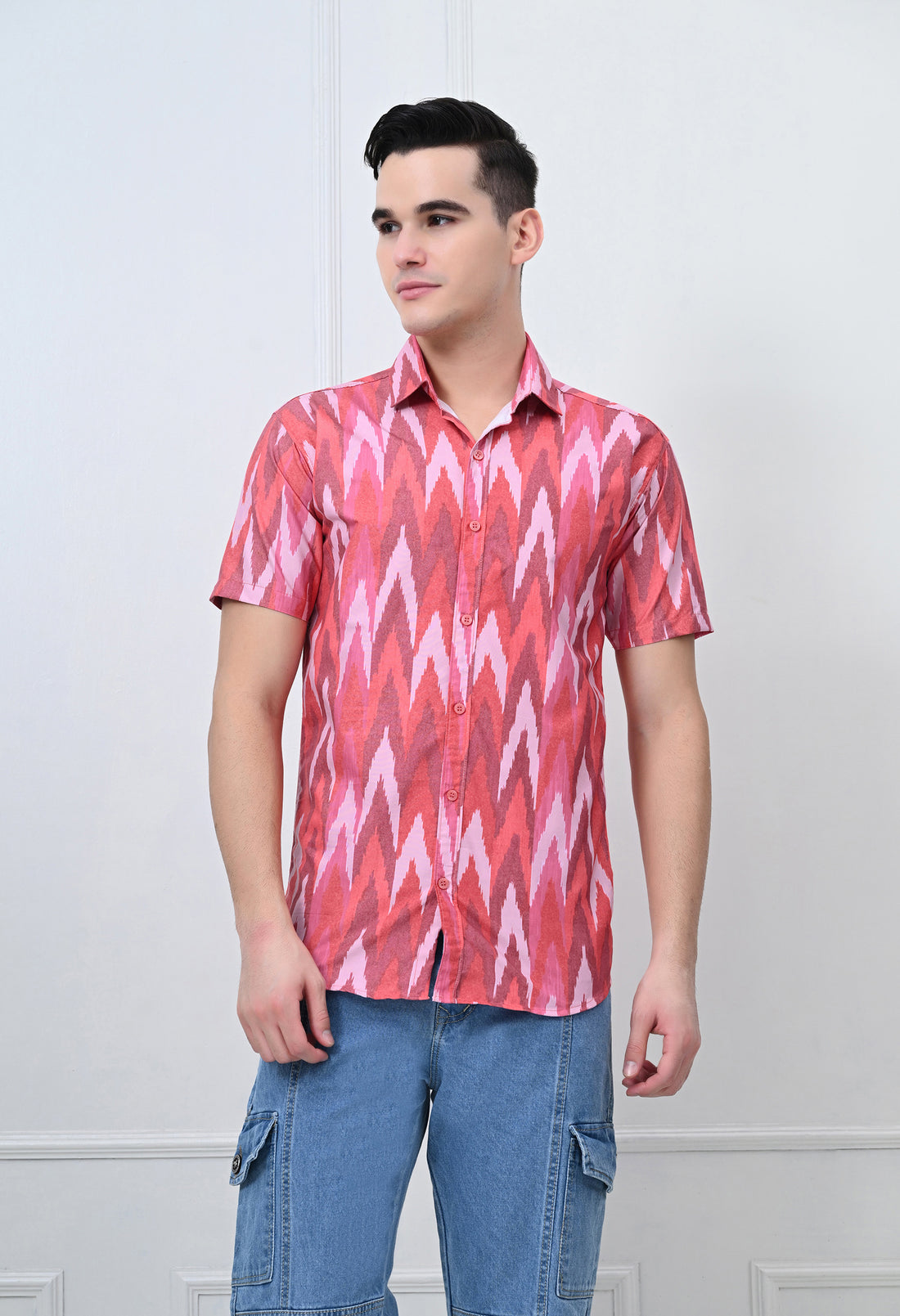 Red Ikat Print Half Sleeve Shirt
