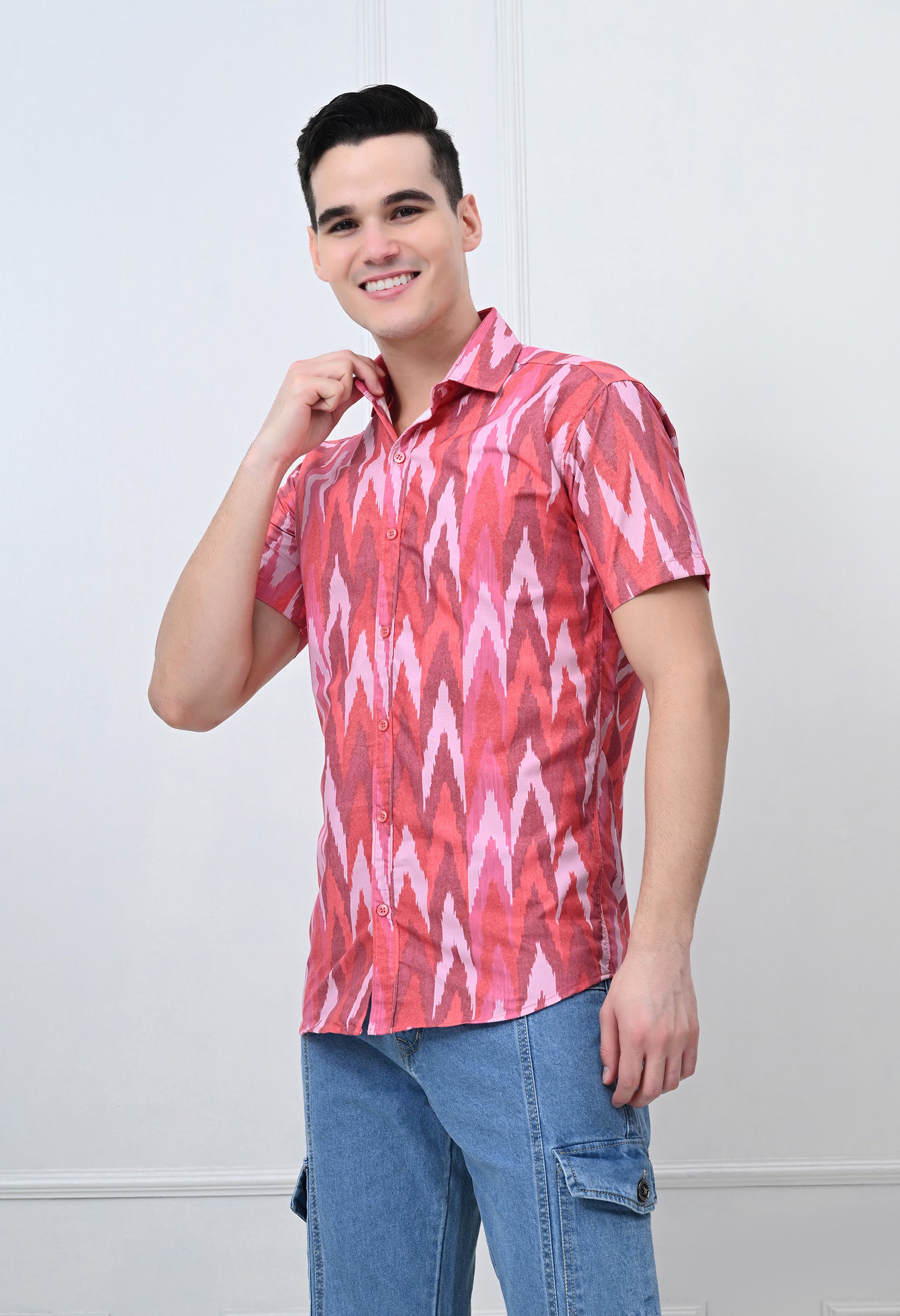 Red Ikat Print Half Sleeve Shirt