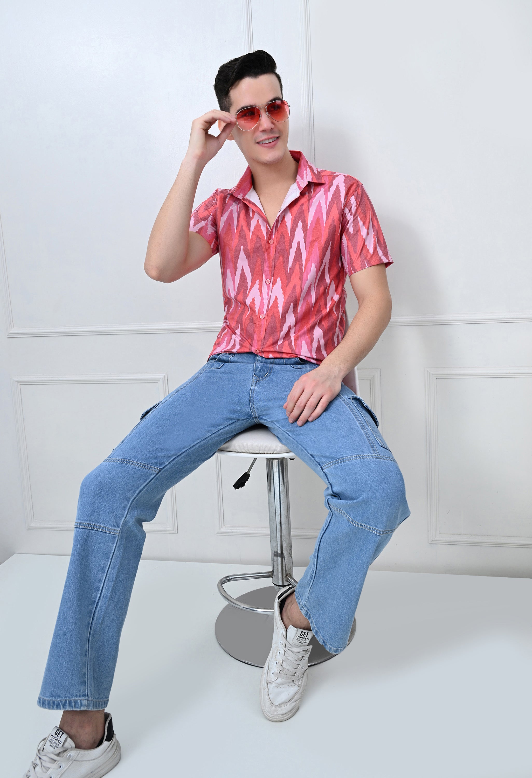 Red Ikat Print Half Sleeve Shirt