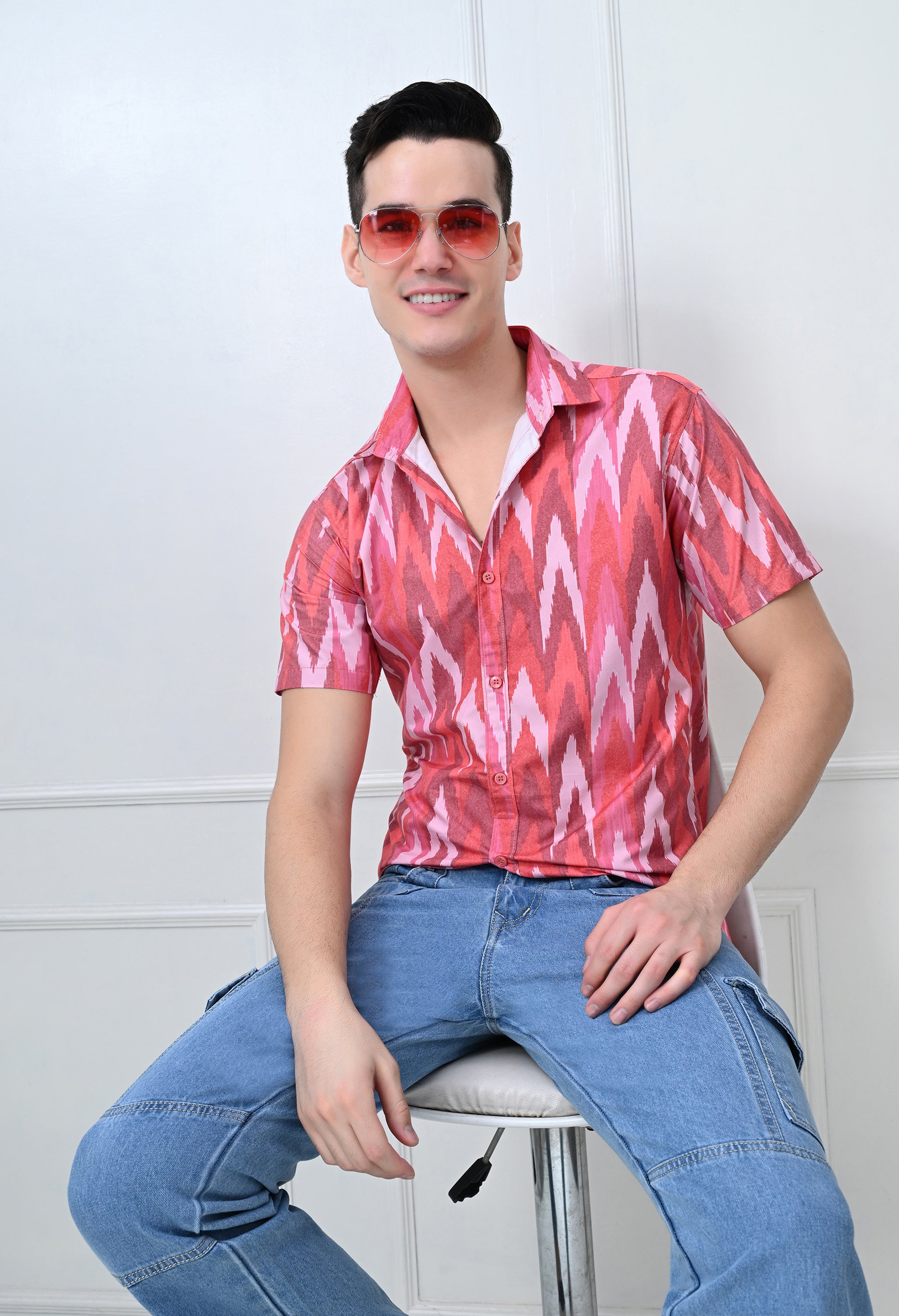Red Ikat Print Half Sleeve Shirt