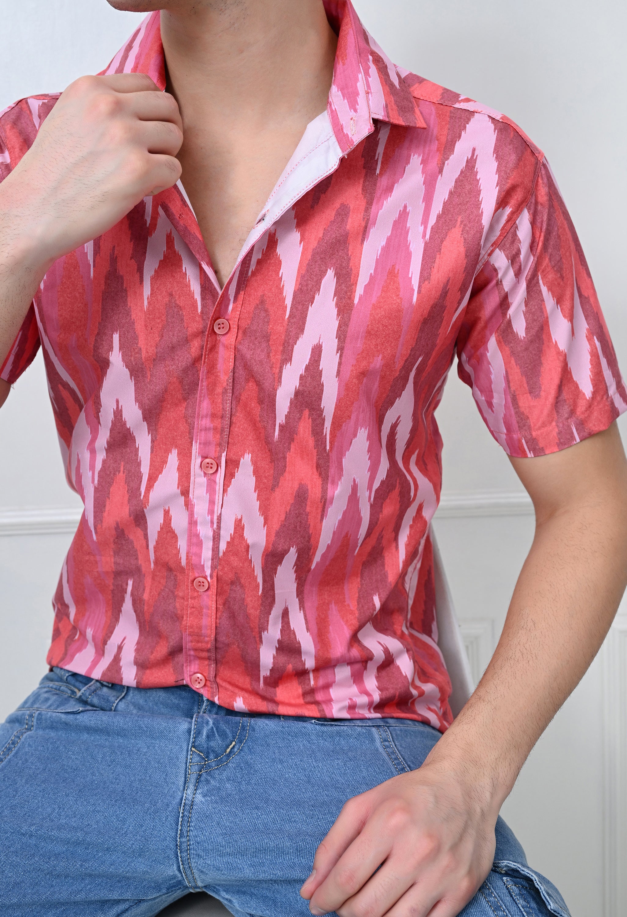 Red Ikat Print Half Sleeve Shirt