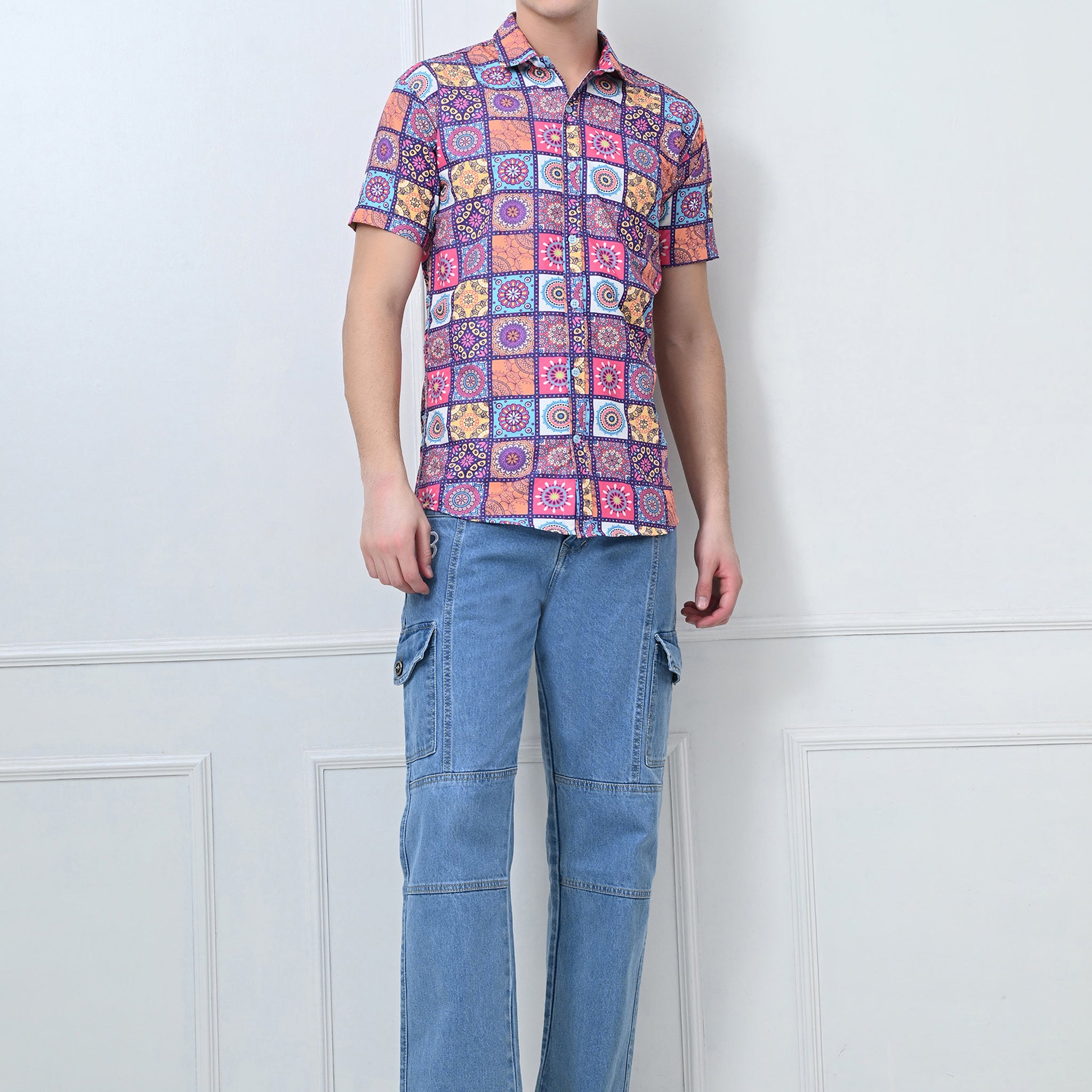 Multicolor Geometric Print Casual Shirt (Half Sleeve)