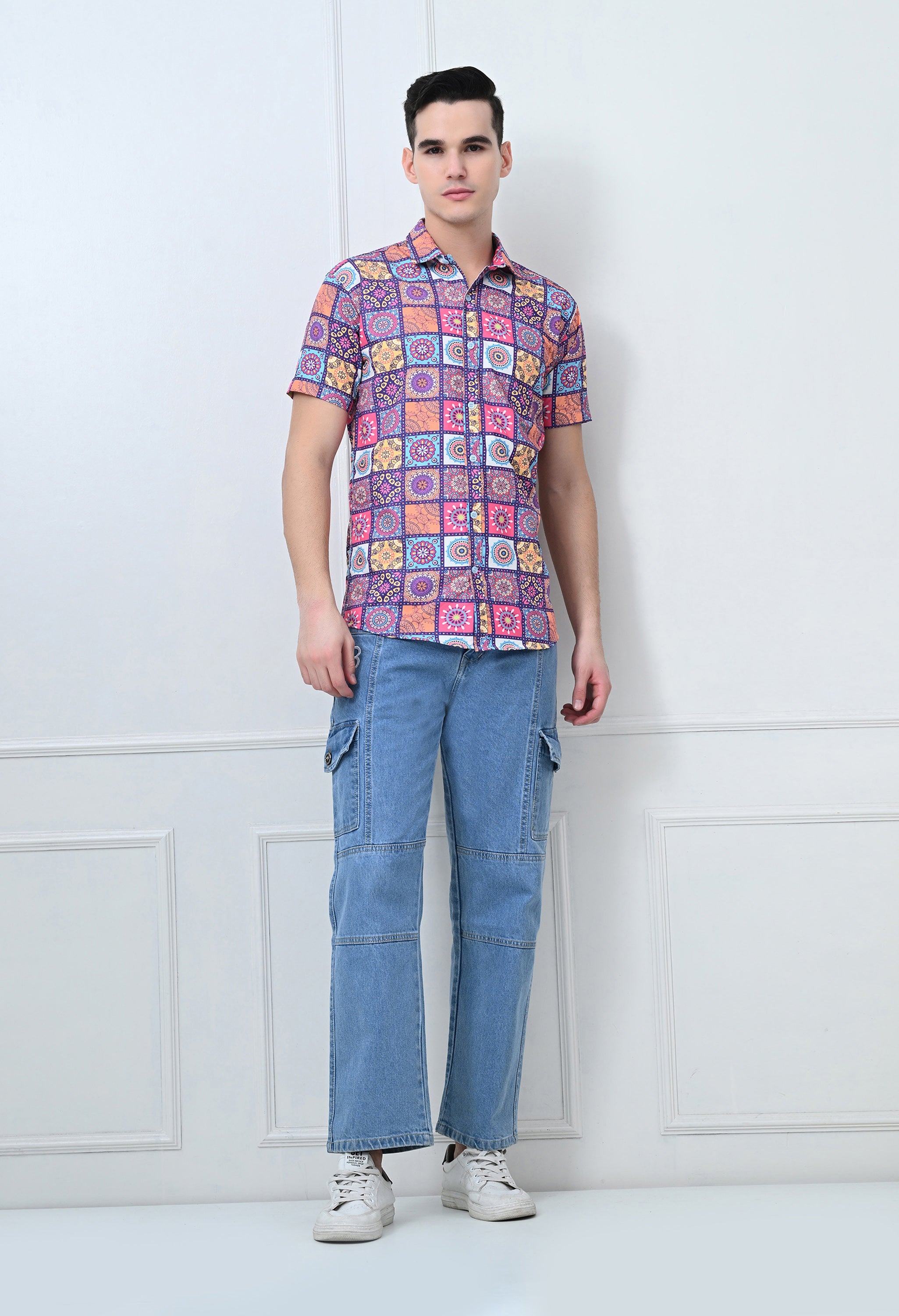 Multicolor Geometric Print Casual Shirt (Half Sleeve)