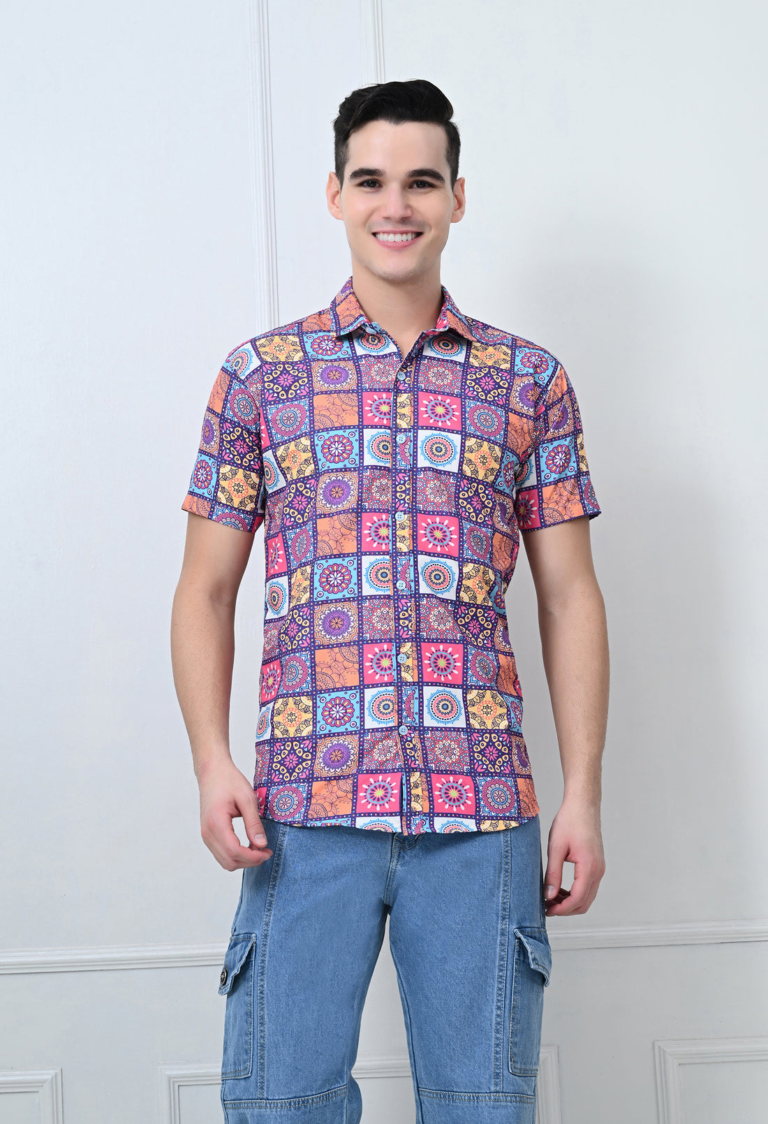 Multicolor Geometric Print Casual Shirt (Half Sleeve)