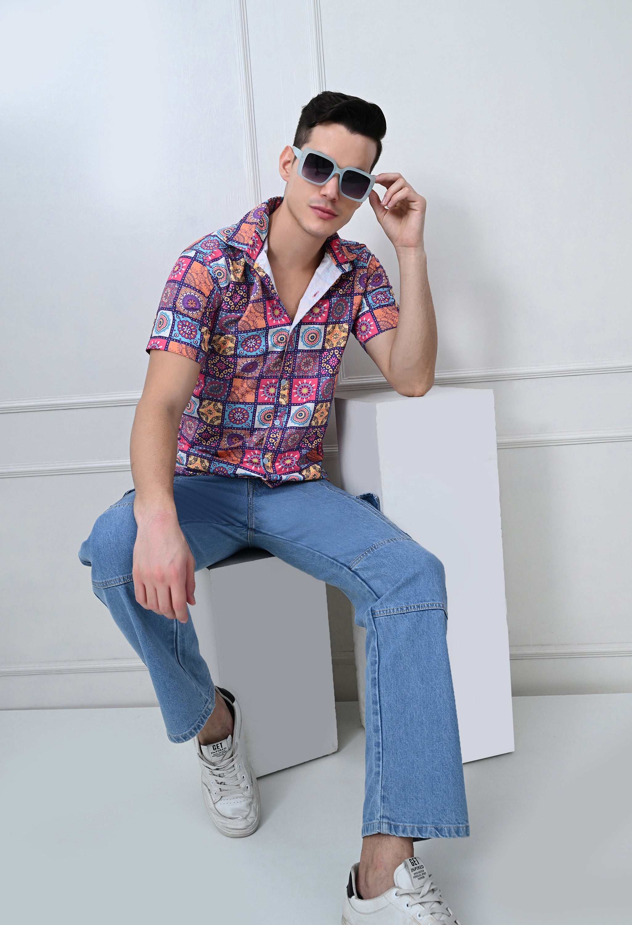 Multicolor Geometric Print Casual Shirt (Half Sleeve)