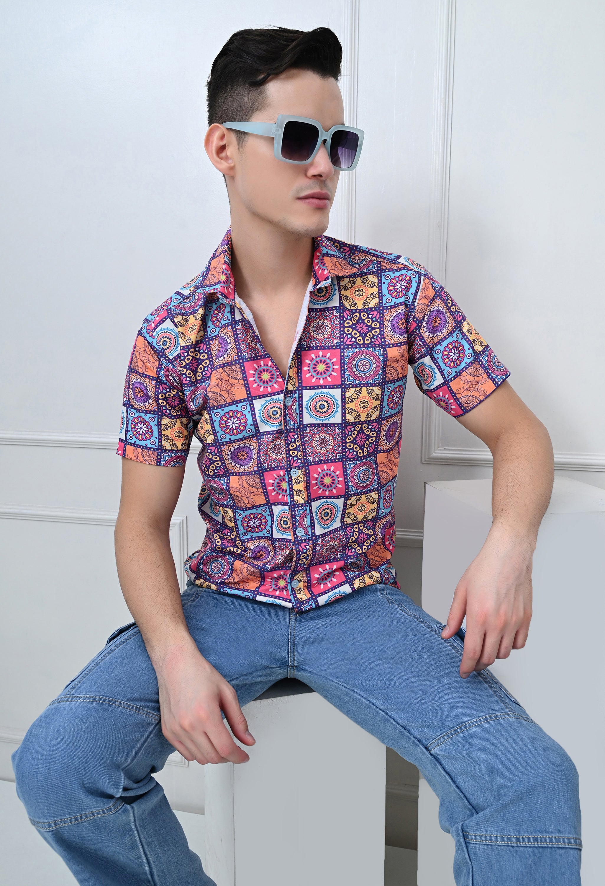Multicolor Geometric Print Casual Shirt (Half Sleeve)