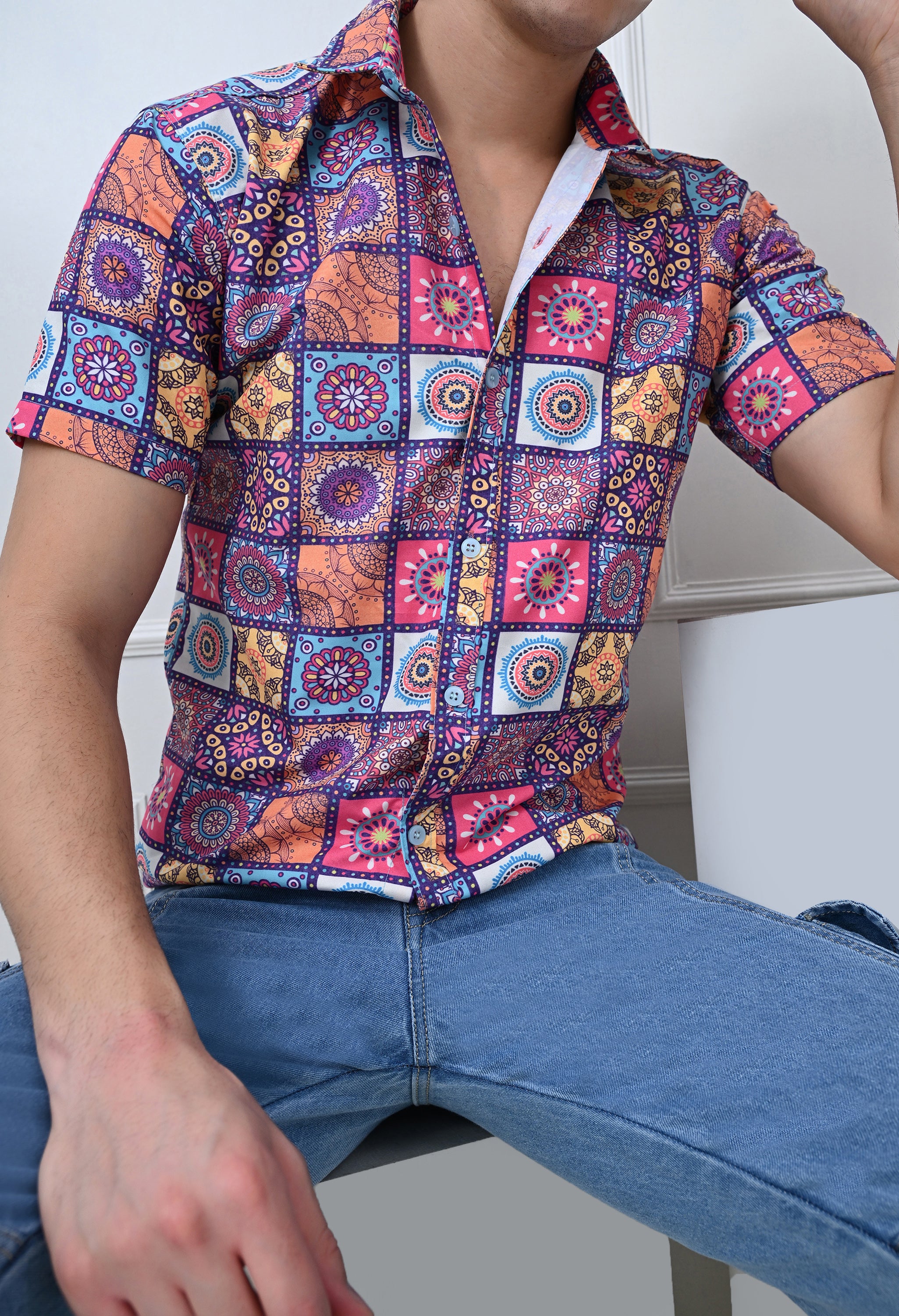 Multicolor Geometric Print Casual Shirt (Half Sleeve)