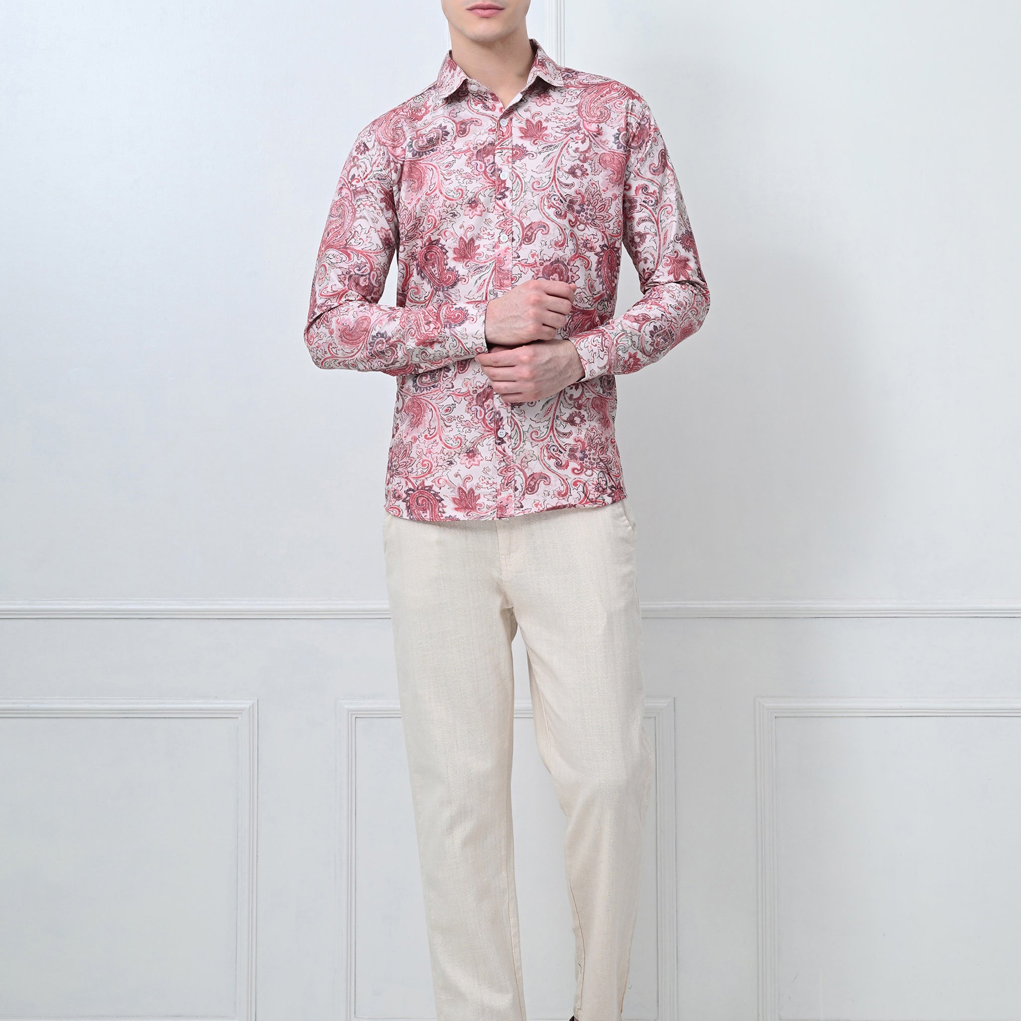 Full Sleeve Casual Slim Fit Printed Shirt – Red Floral Design