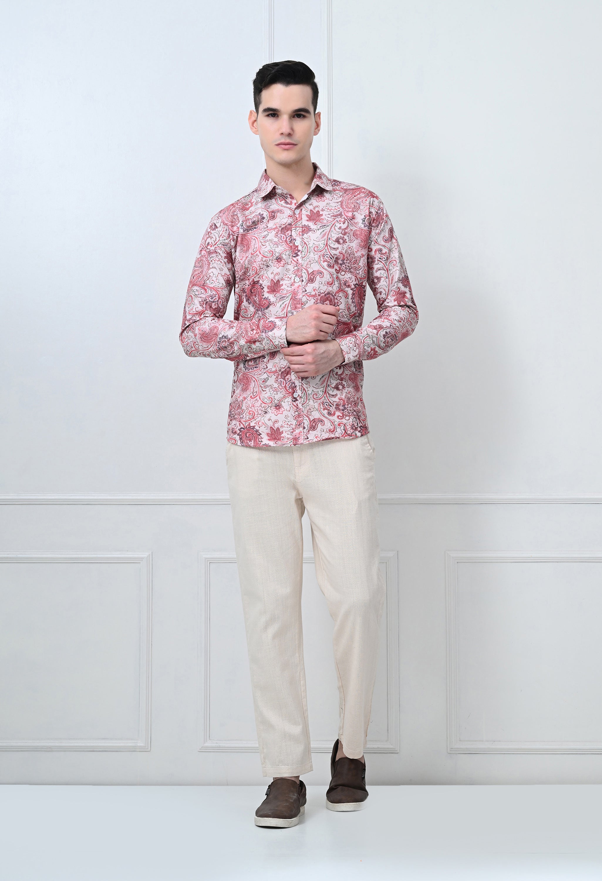 Full Sleeve Casual Slim Fit Printed Shirt – Red Floral Design