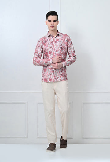 Full Sleeve Casual Slim Fit Printed Shirt – Red Floral Design
