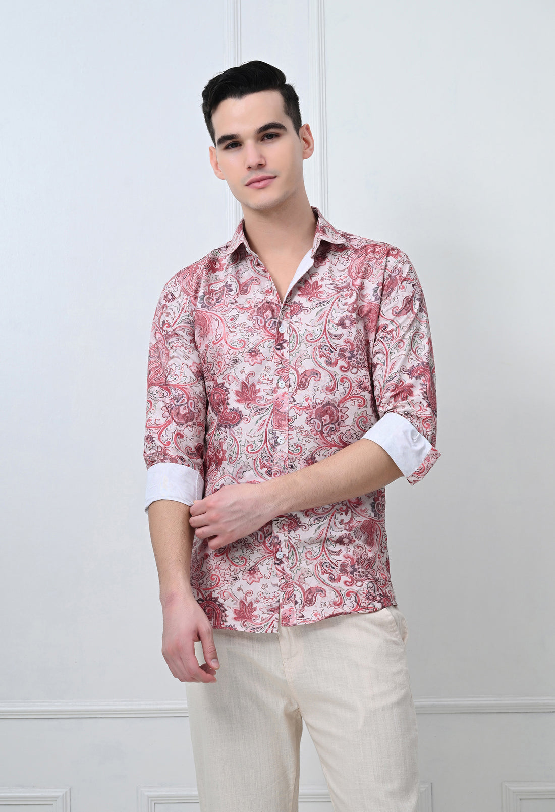 Full Sleeve Casual Slim Fit Printed Shirt – Red Floral Design