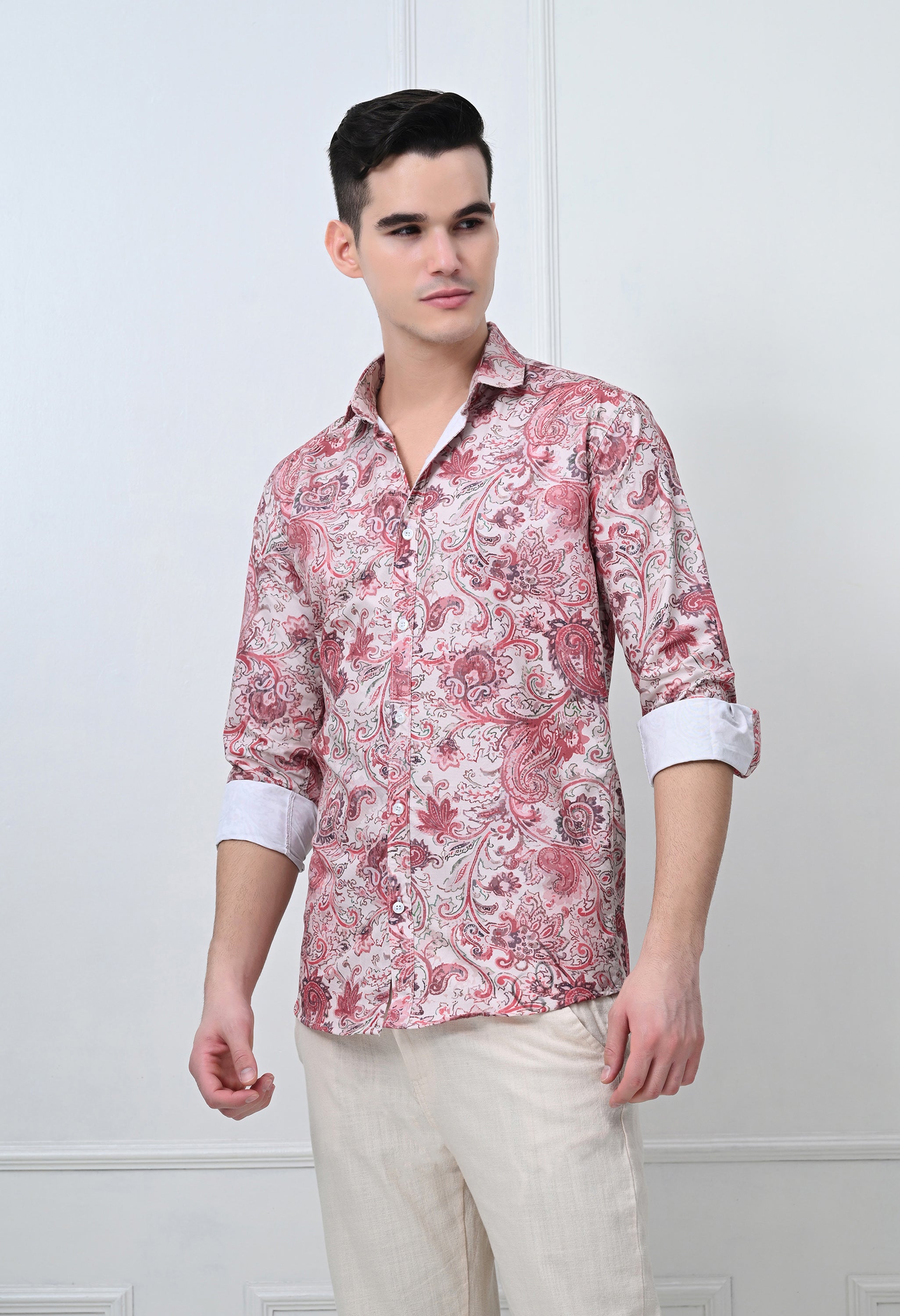 Full Sleeve Casual Slim Fit Printed Shirt – Red Floral Design