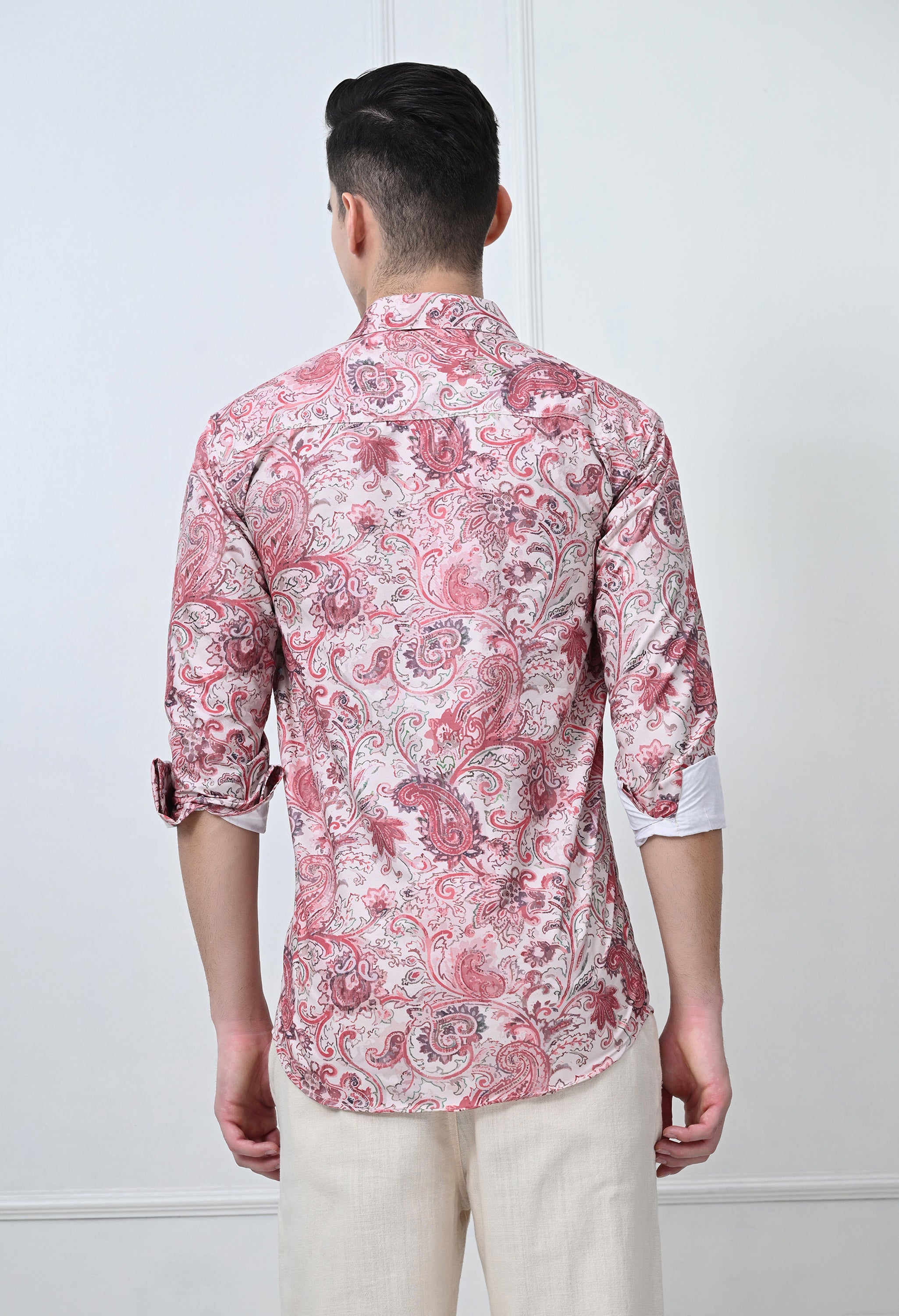 Full Sleeve Casual Slim Fit Printed Shirt – Red Floral Design