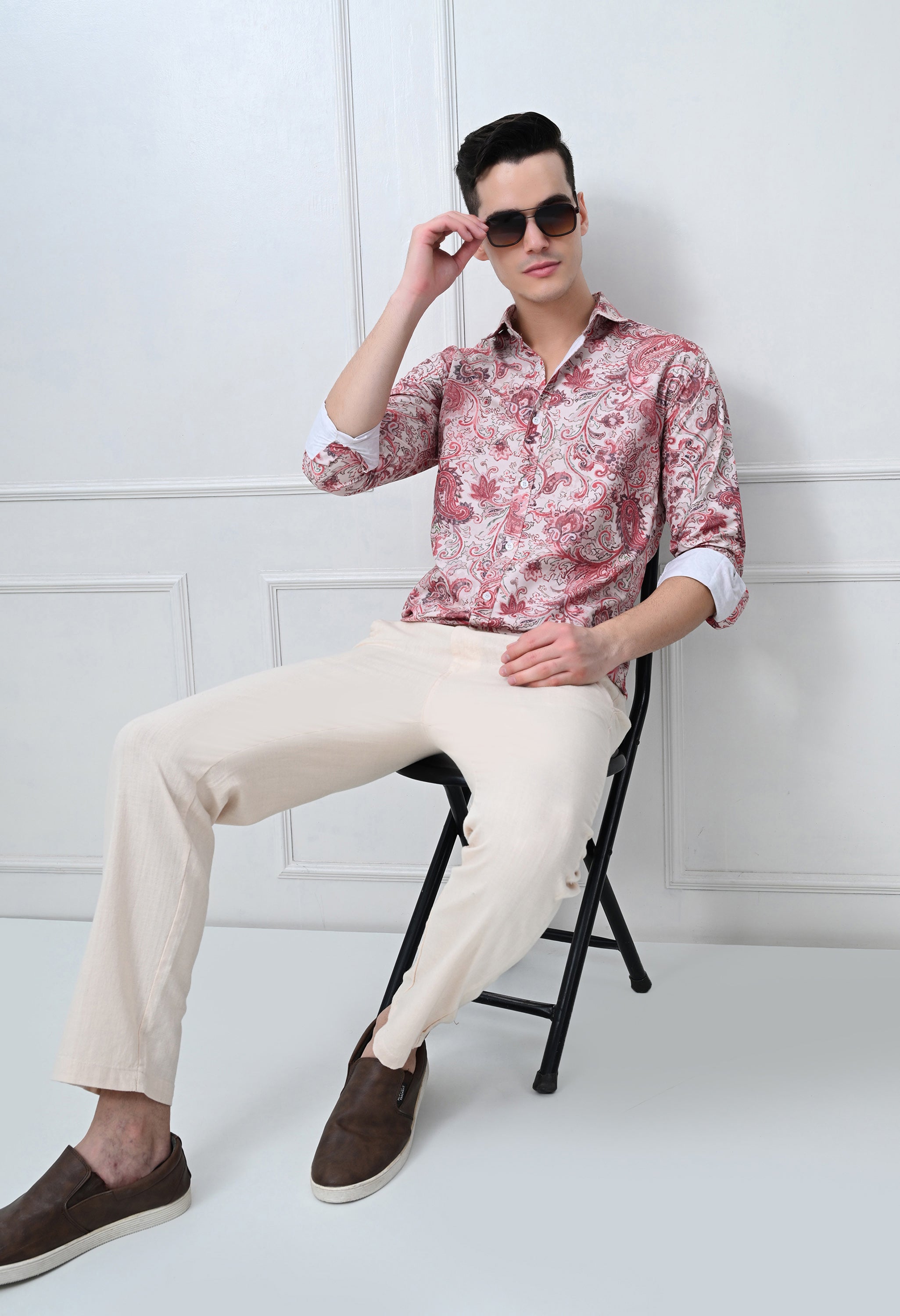 Full Sleeve Casual Slim Fit Printed Shirt – Red Floral Design