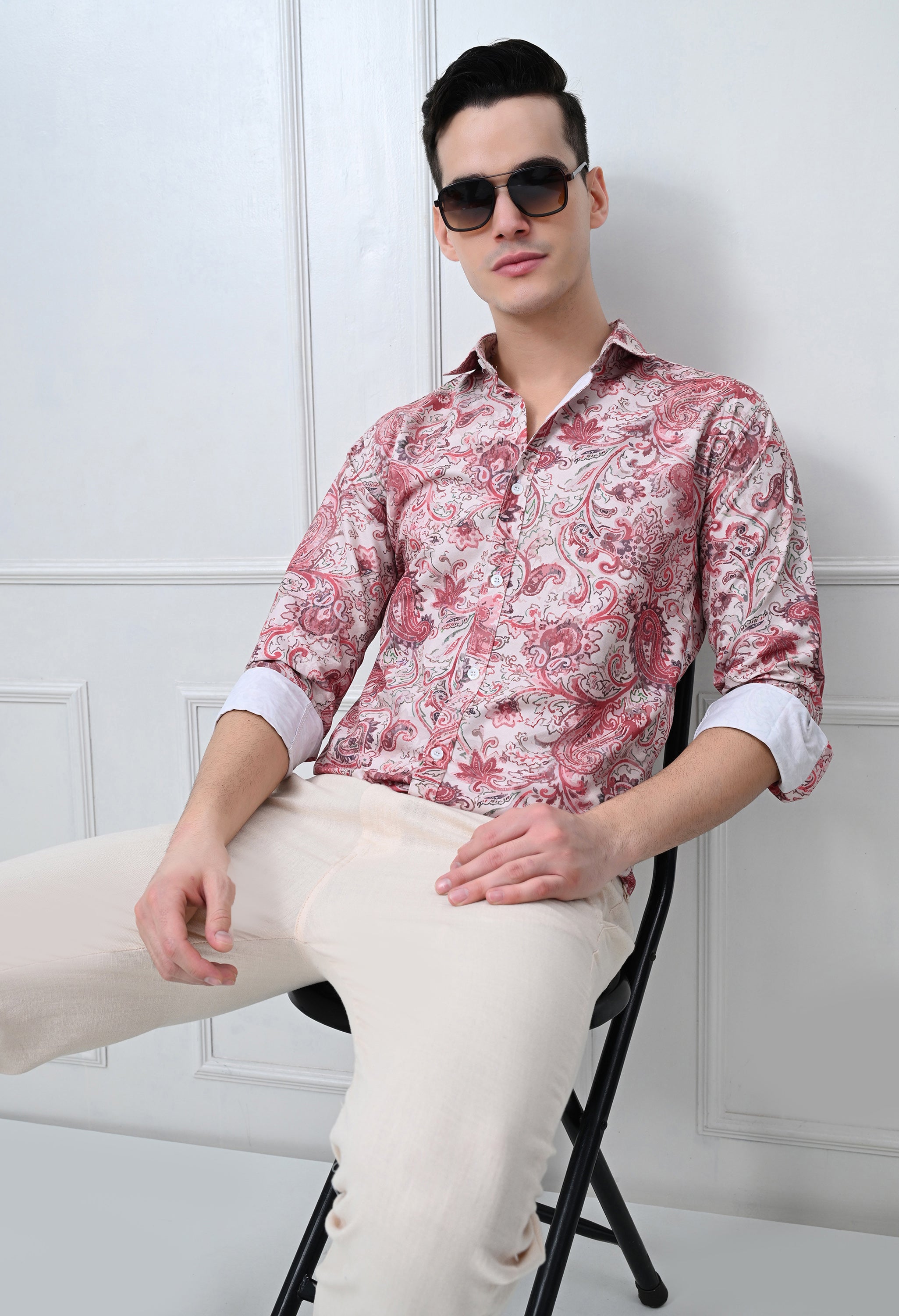 Full Sleeve Casual Slim Fit Printed Shirt – Red Floral Design