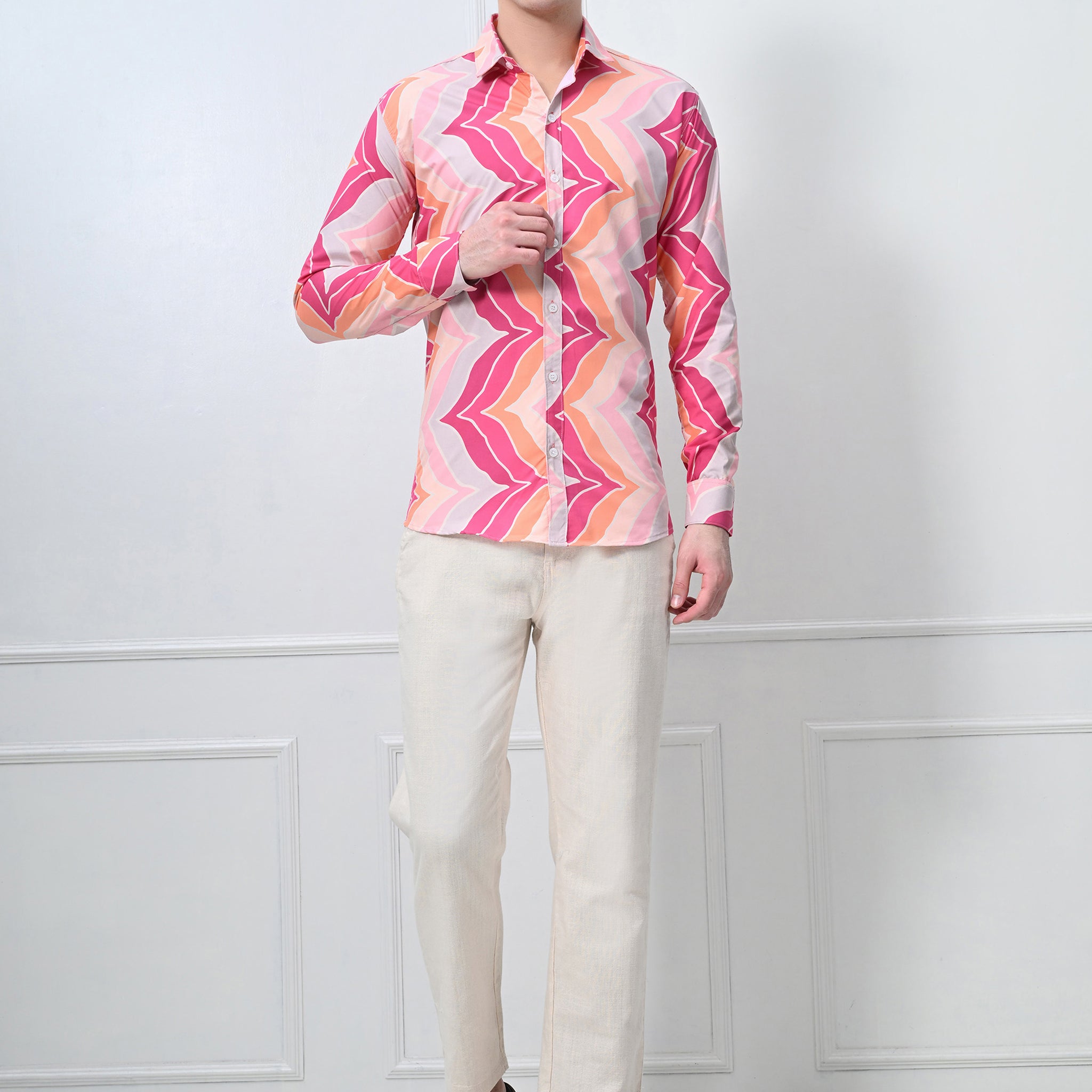 Pink & Orange Leheriya Print Slim Fit Casual Shirt