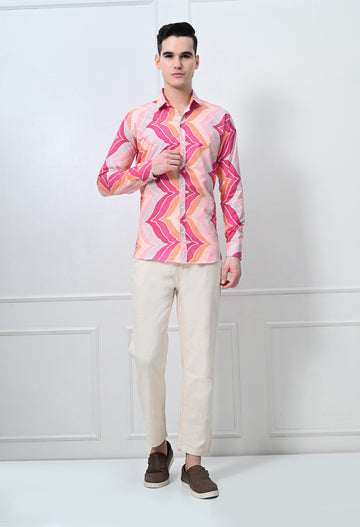 Pink & Orange Leheriya Print Slim Fit Casual Shirt