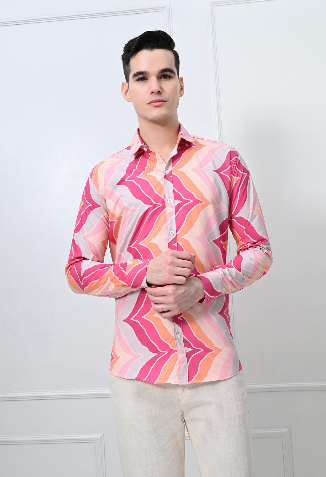 Pink & Orange Leheriya Print Slim Fit Casual Shirt