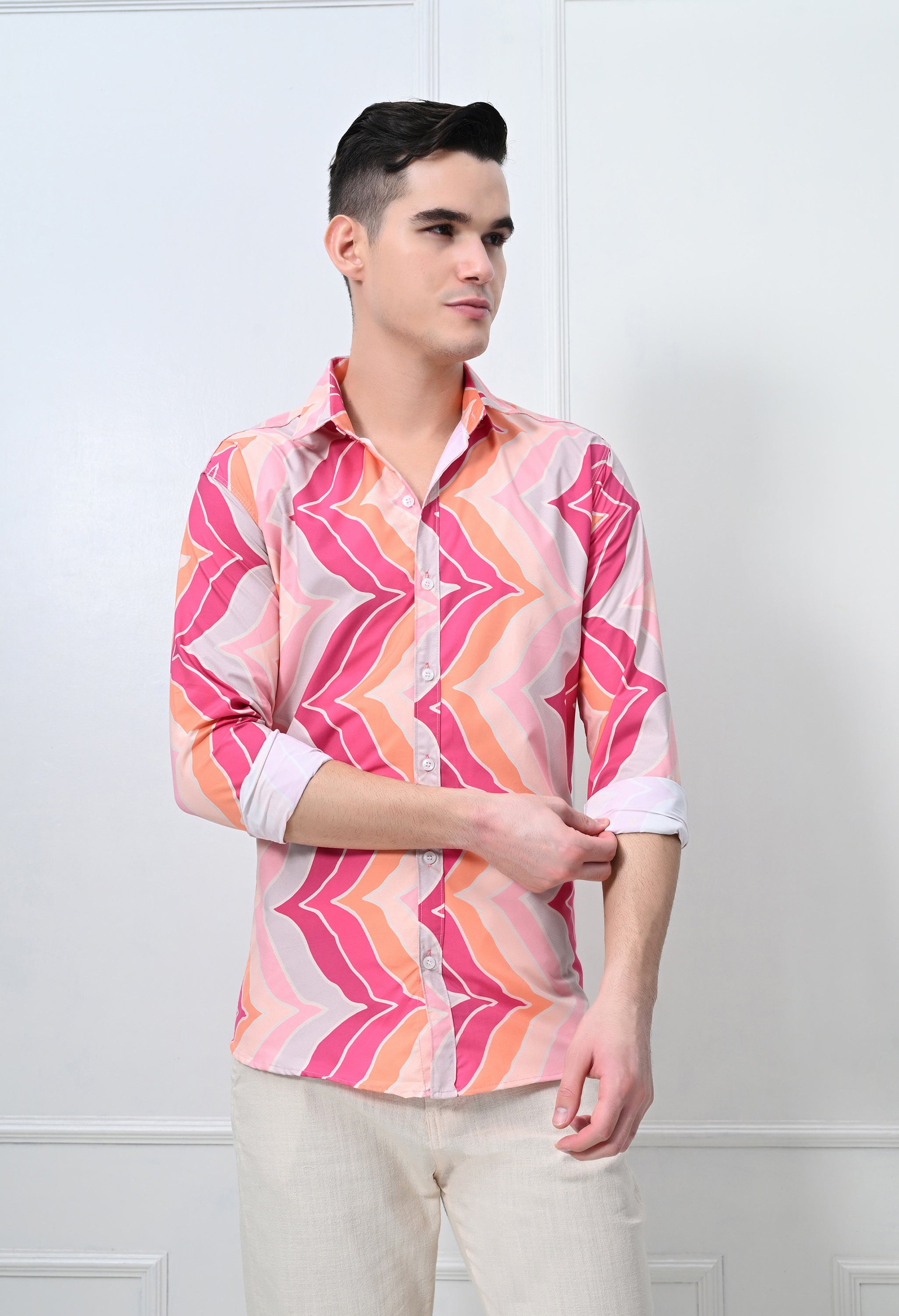 Pink & Orange Leheriya Print Slim Fit Casual Shirt
