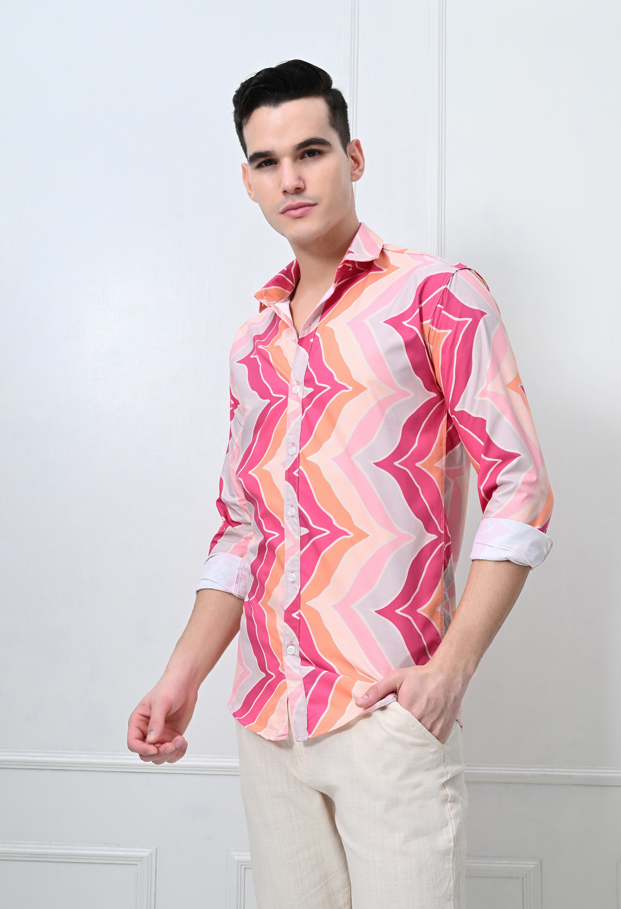 Pink & Orange Leheriya Print Slim Fit Casual Shirt