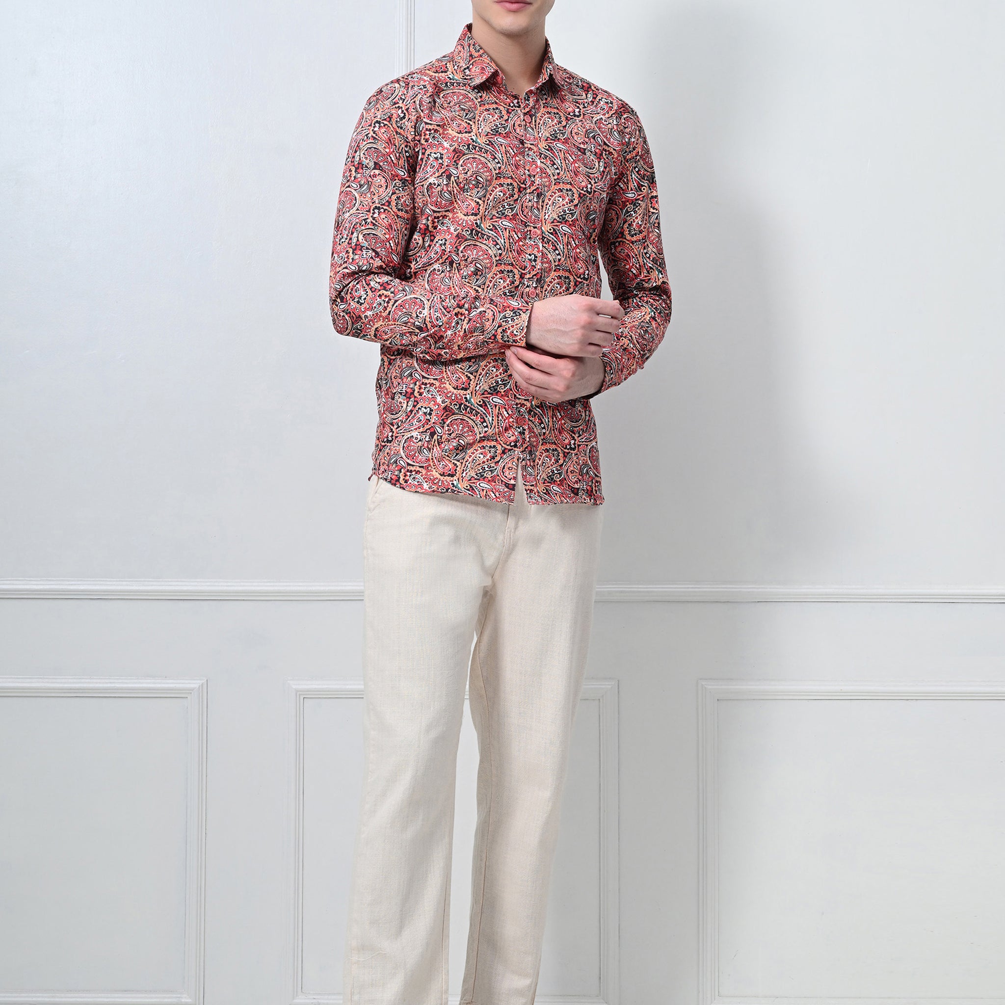 Rust Red Floral Print Slim Fit Casual Shirt