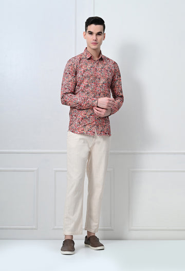 Rust Red Floral Print Slim Fit Casual Shirt