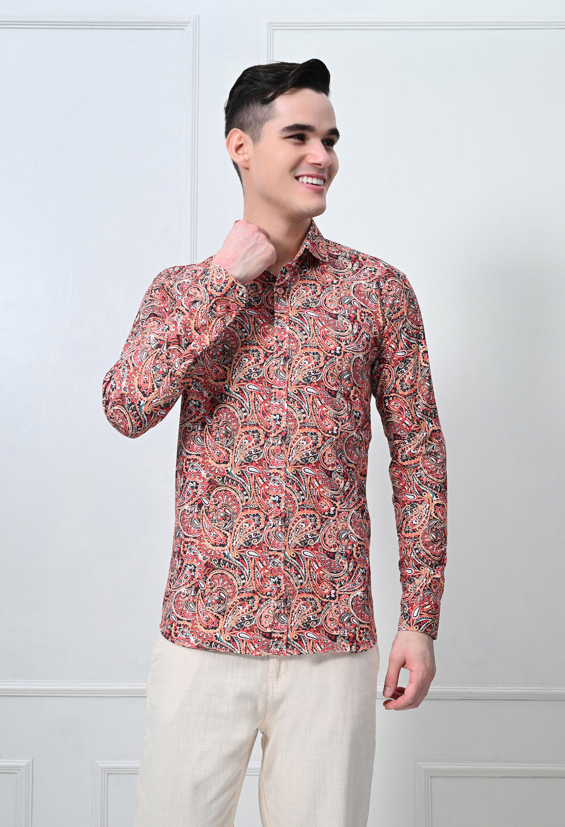 Rust Red Floral Print Slim Fit Casual Shirt