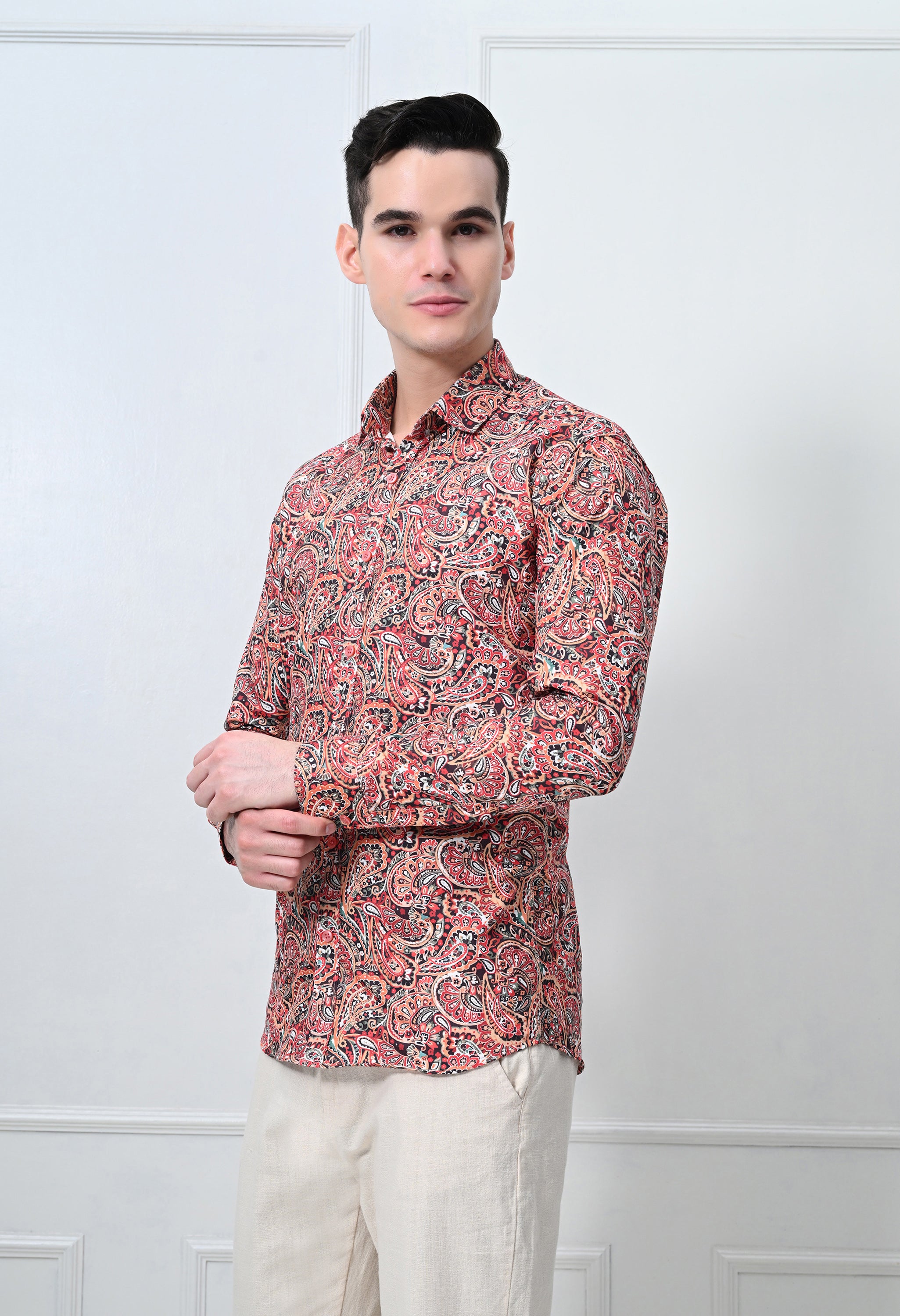 Rust Red Floral Print Slim Fit Casual Shirt
