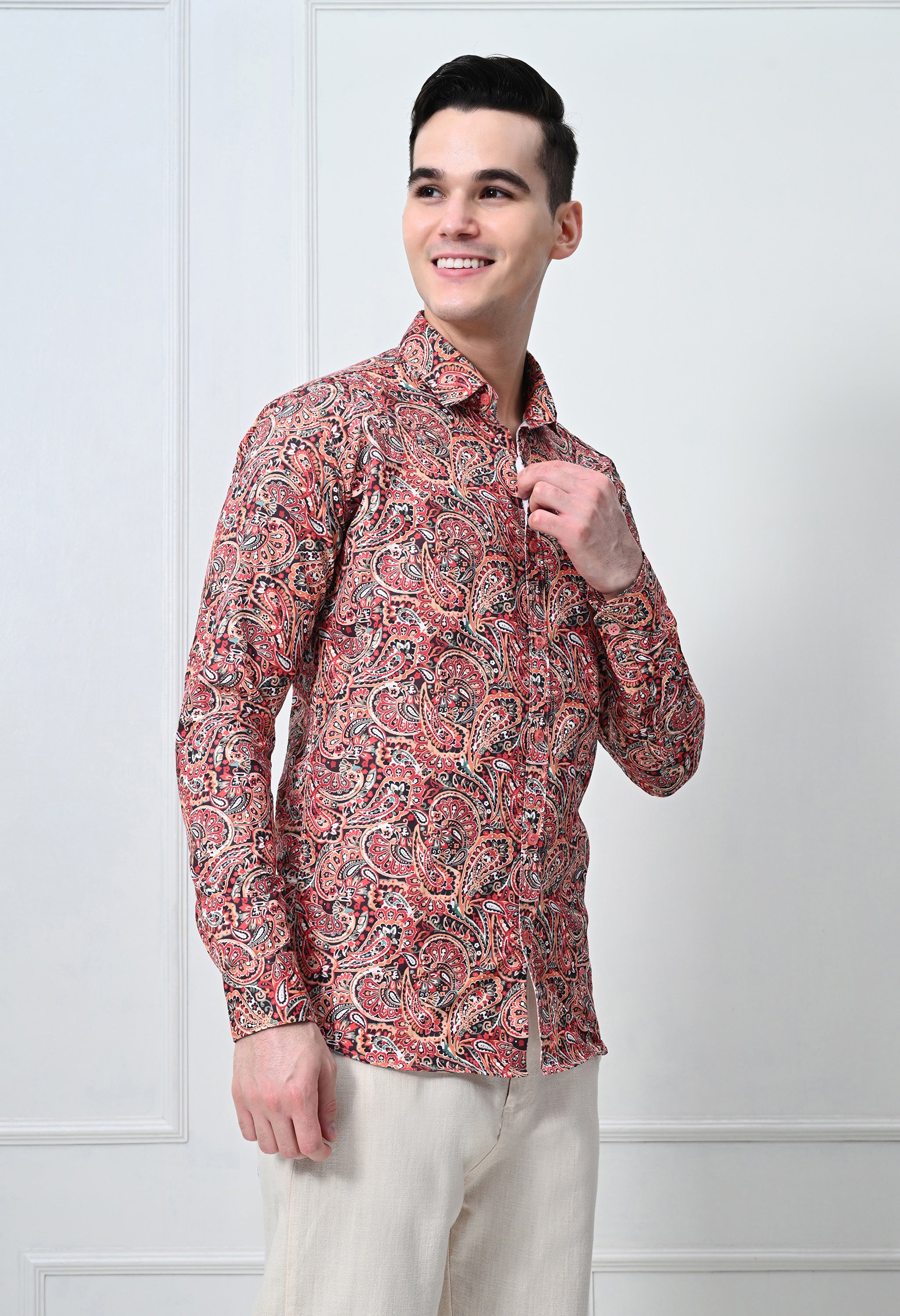 Rust Red Floral Print Slim Fit Casual Shirt