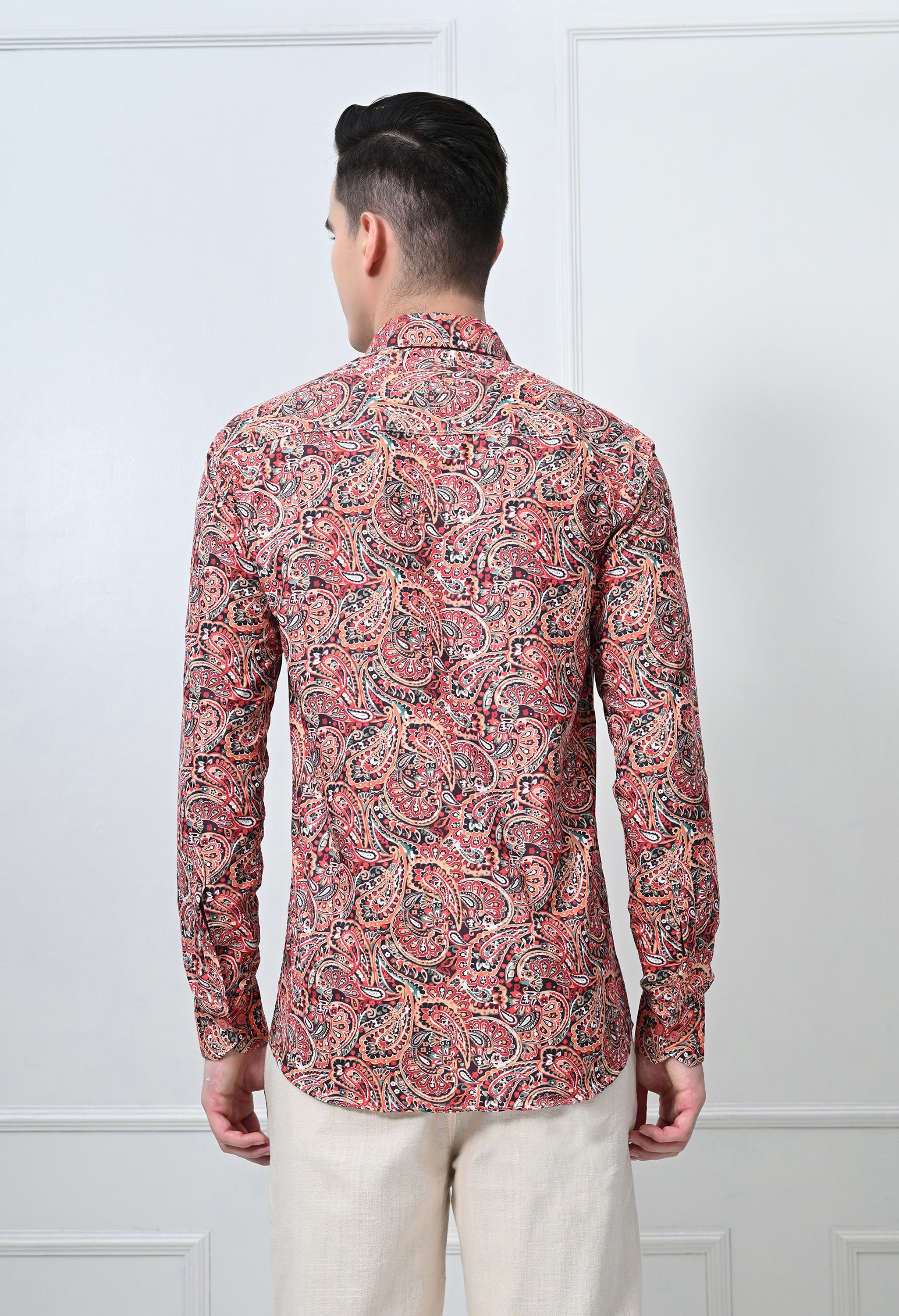 Rust Red Floral Print Slim Fit Casual Shirt