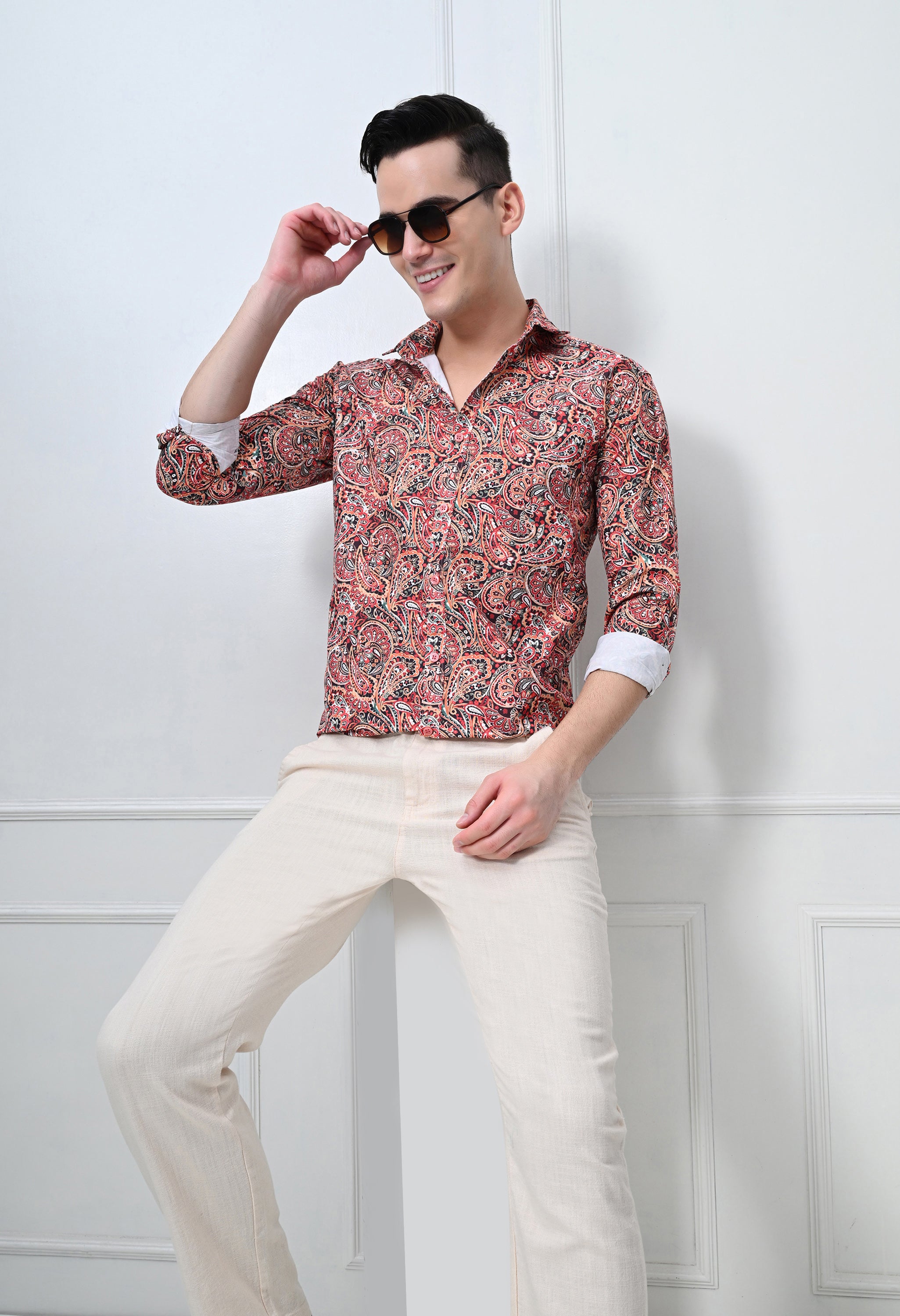 Rust Red Floral Print Slim Fit Casual Shirt