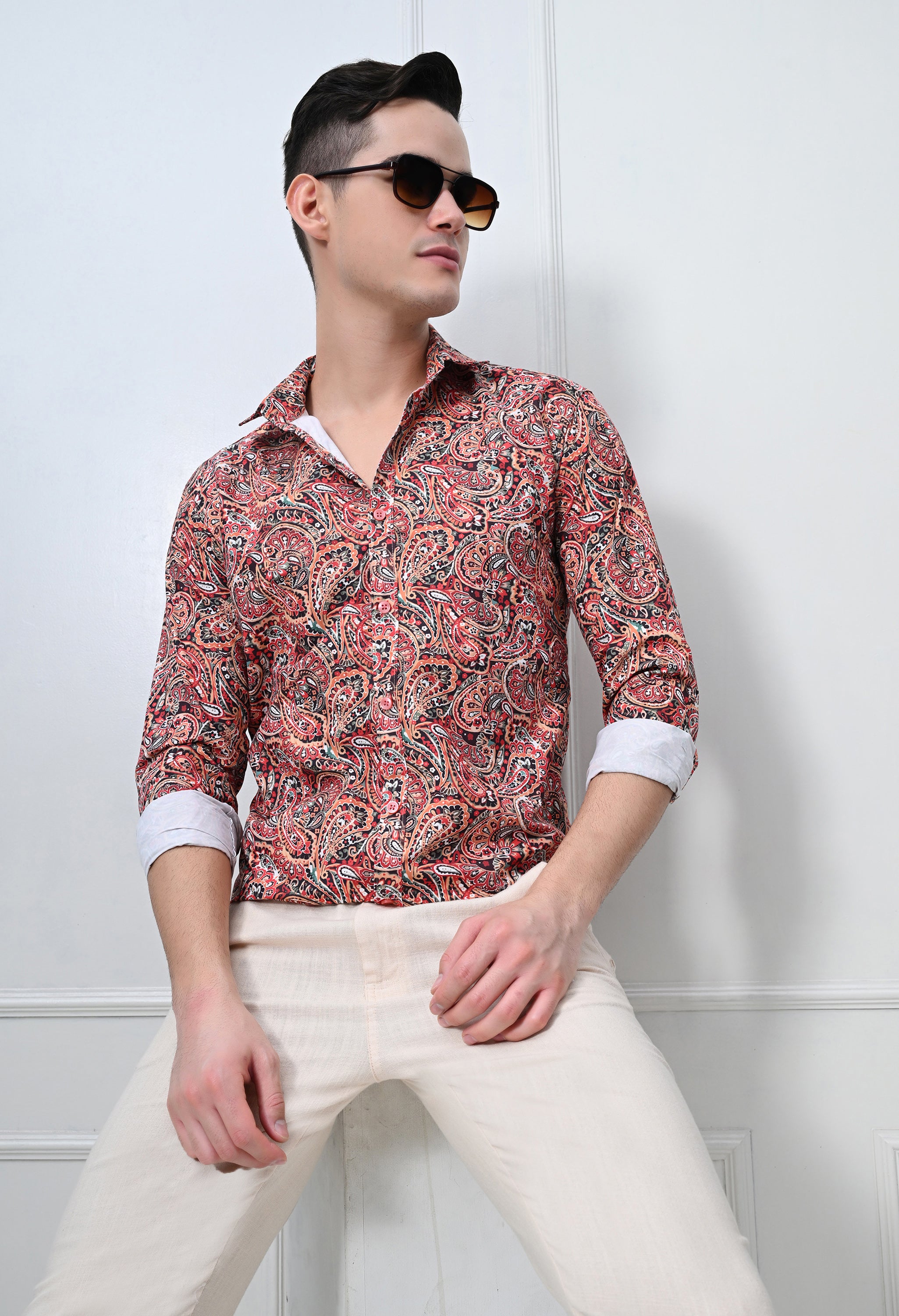 Rust Red Floral Print Slim Fit Casual Shirt