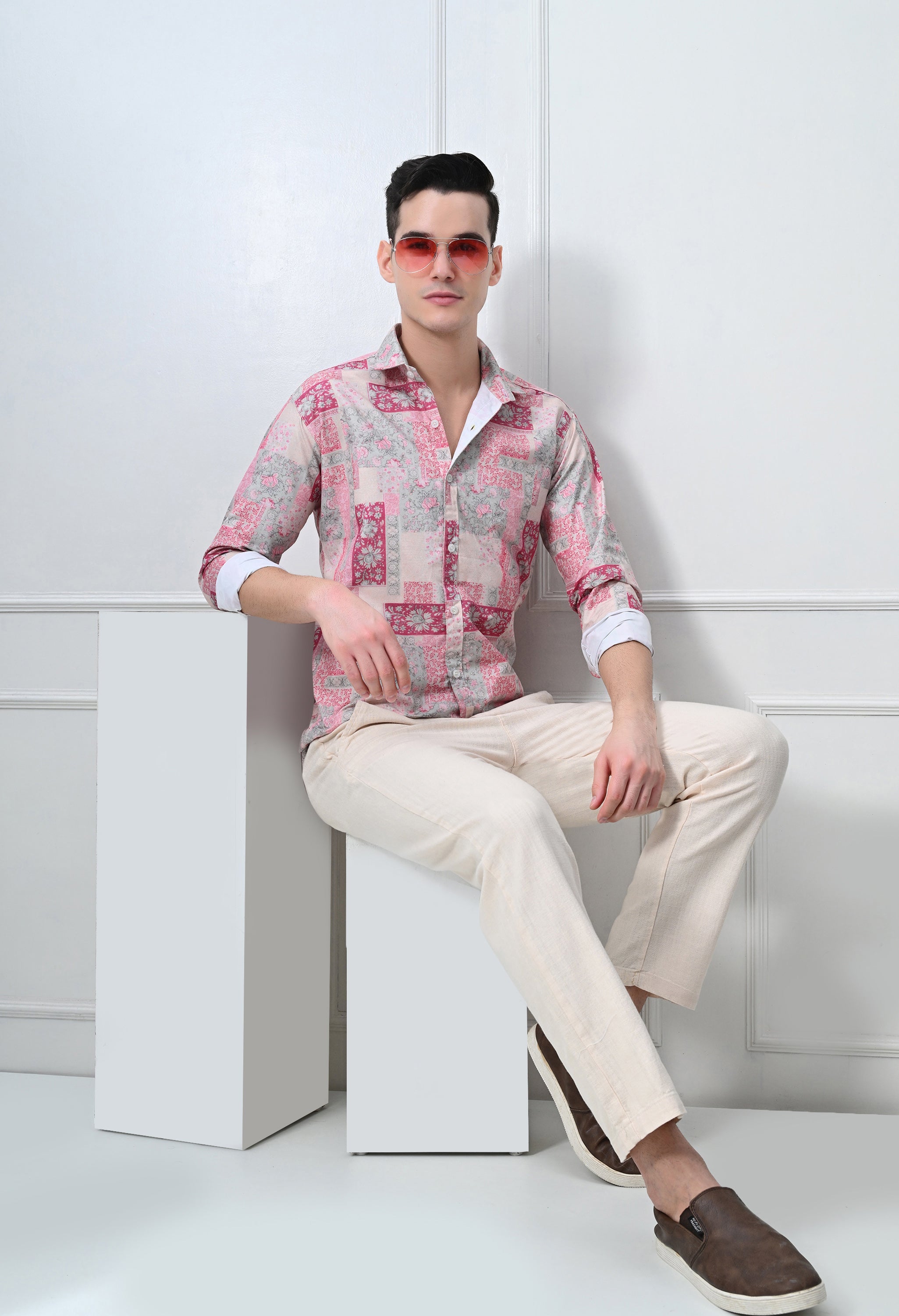 Beige & Blue Abstract Print Shirt
