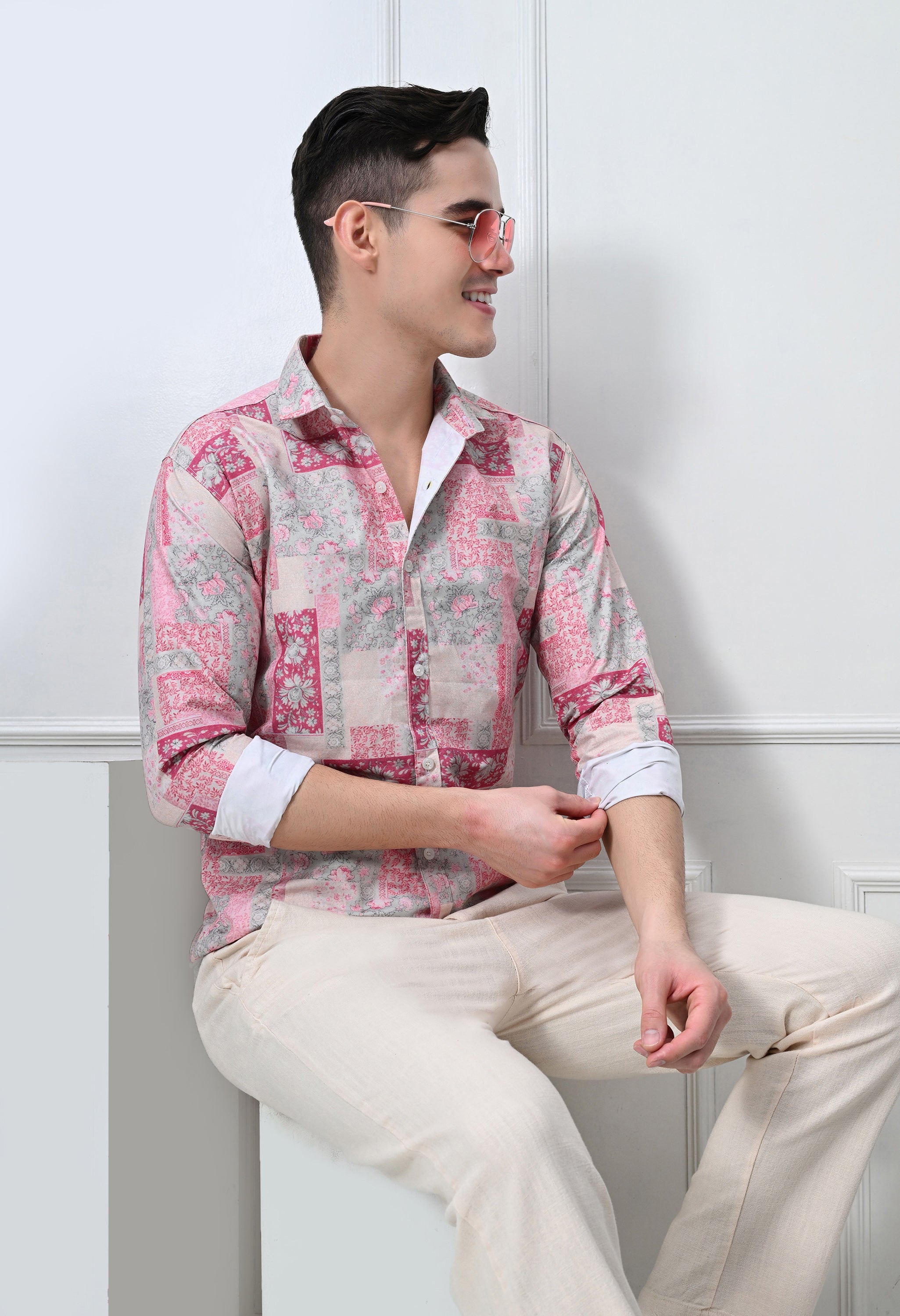 Beige & Blue Abstract Print Shirt